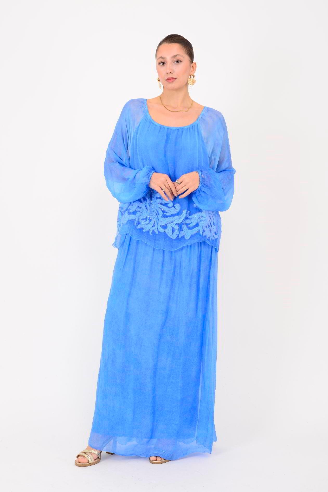 SN510 MADONNA YAKA KABARTMALI PAYET DETAYLI İPEK ELBİSE