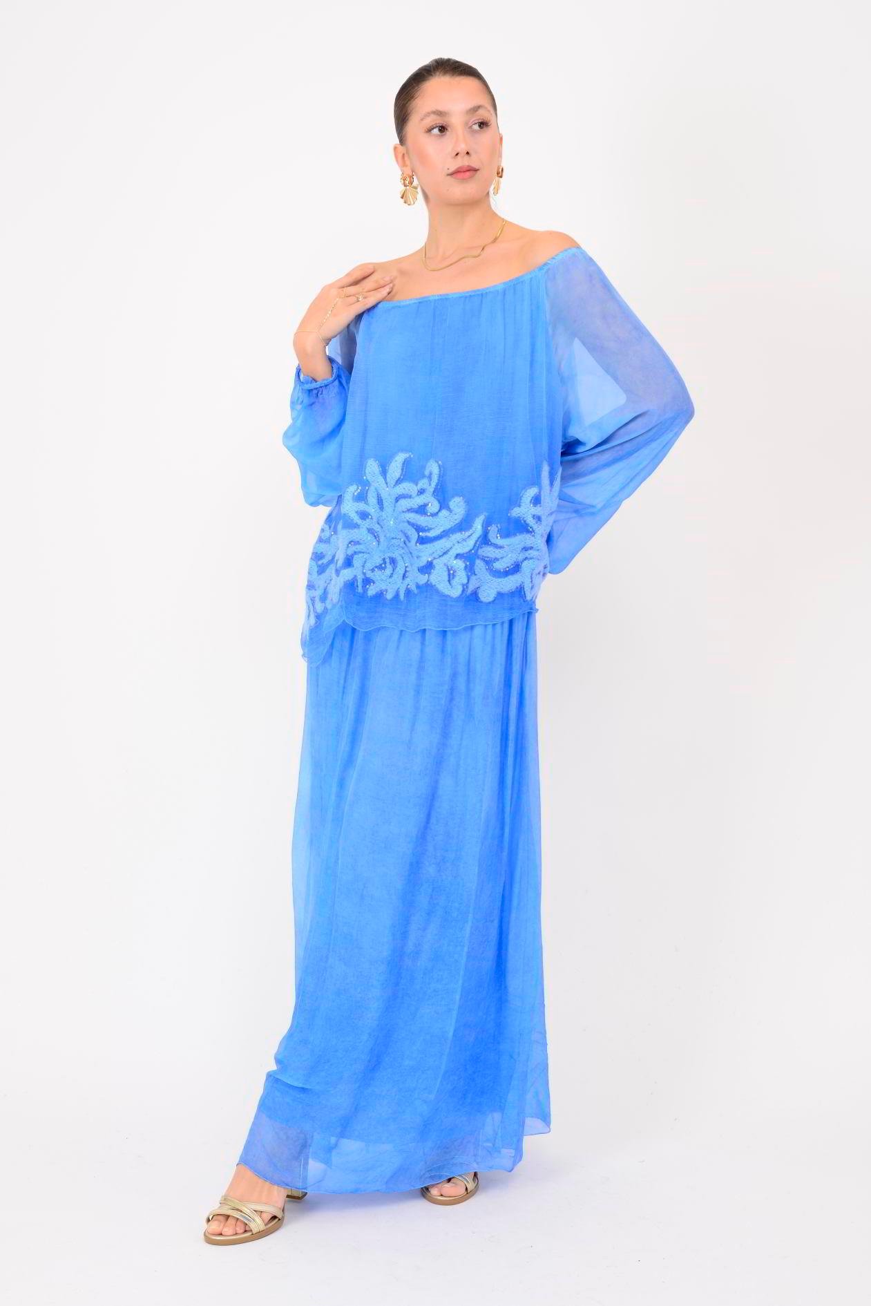 SN510 MADONNA YAKA KABARTMALI PAYET DETAYLI İPEK ELBİSE