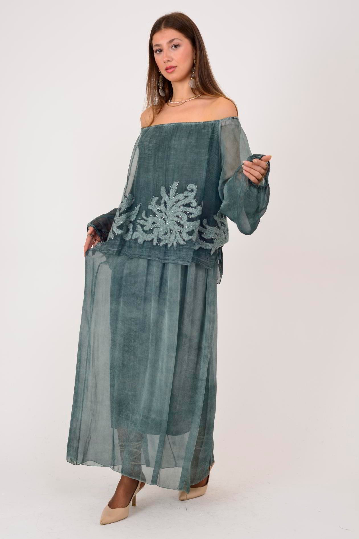 SN510 MADONNA YAKA KABARTMALI PAYET DETAYLI İPEK ELBİSE