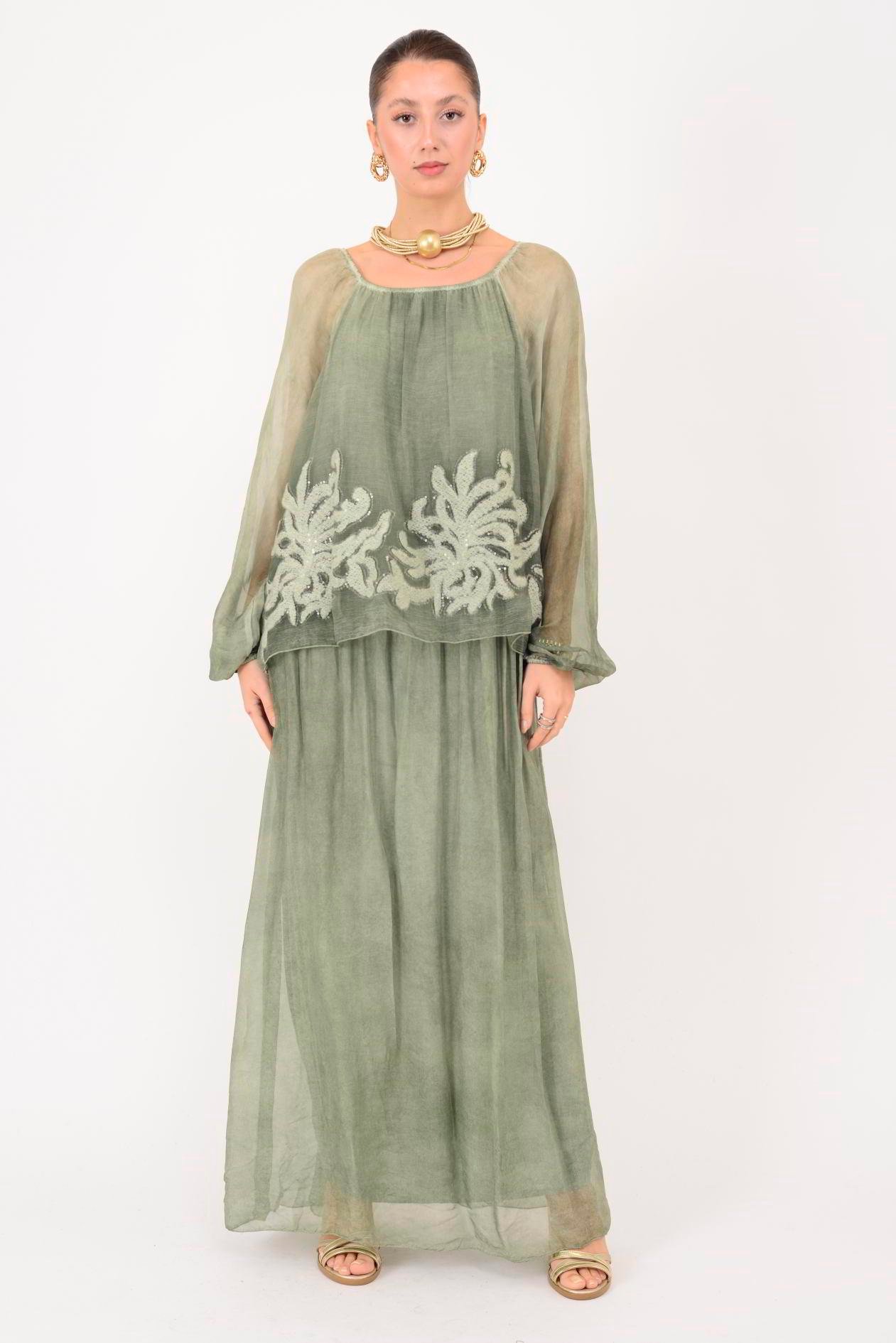 SN510 MADONNA YAKA KABARTMALI PAYET DETAYLI İPEK ELBİSE