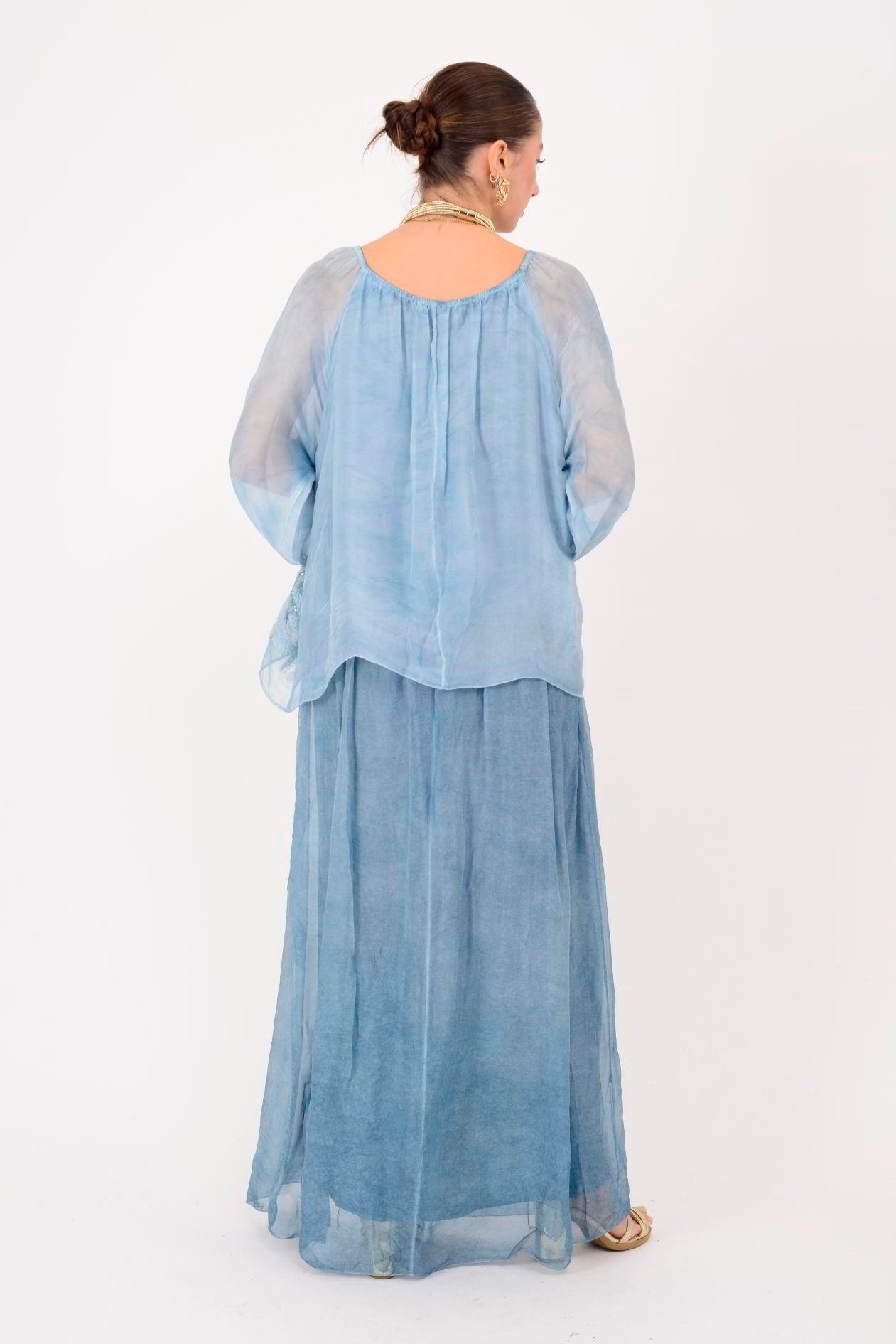 SN510 MADONNA YAKA KABARTMALI PAYET DETAYLI İPEK ELBİSE