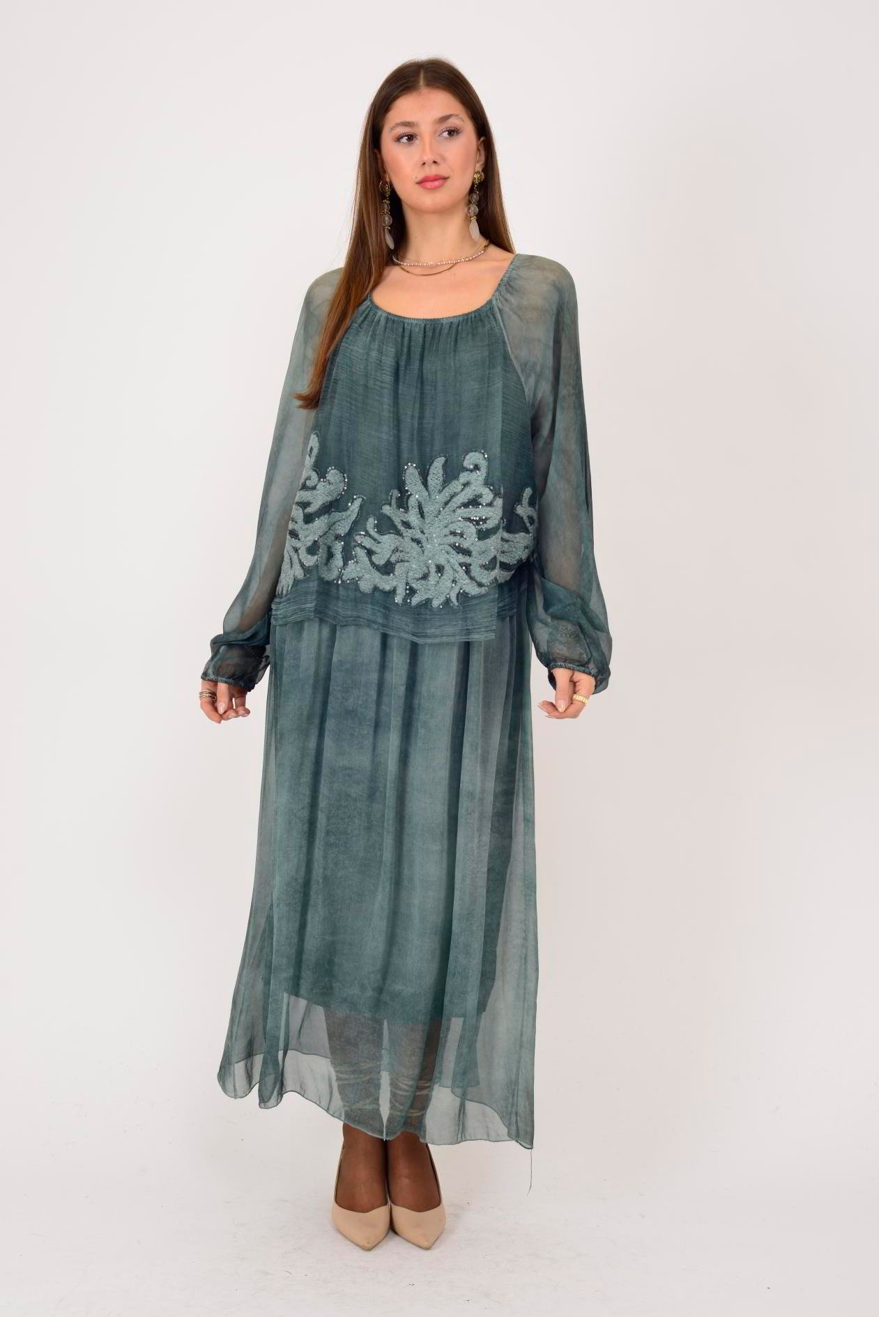 SN510 MADONNA YAKA KABARTMALI PAYET DETAYLI İPEK ELBİSE