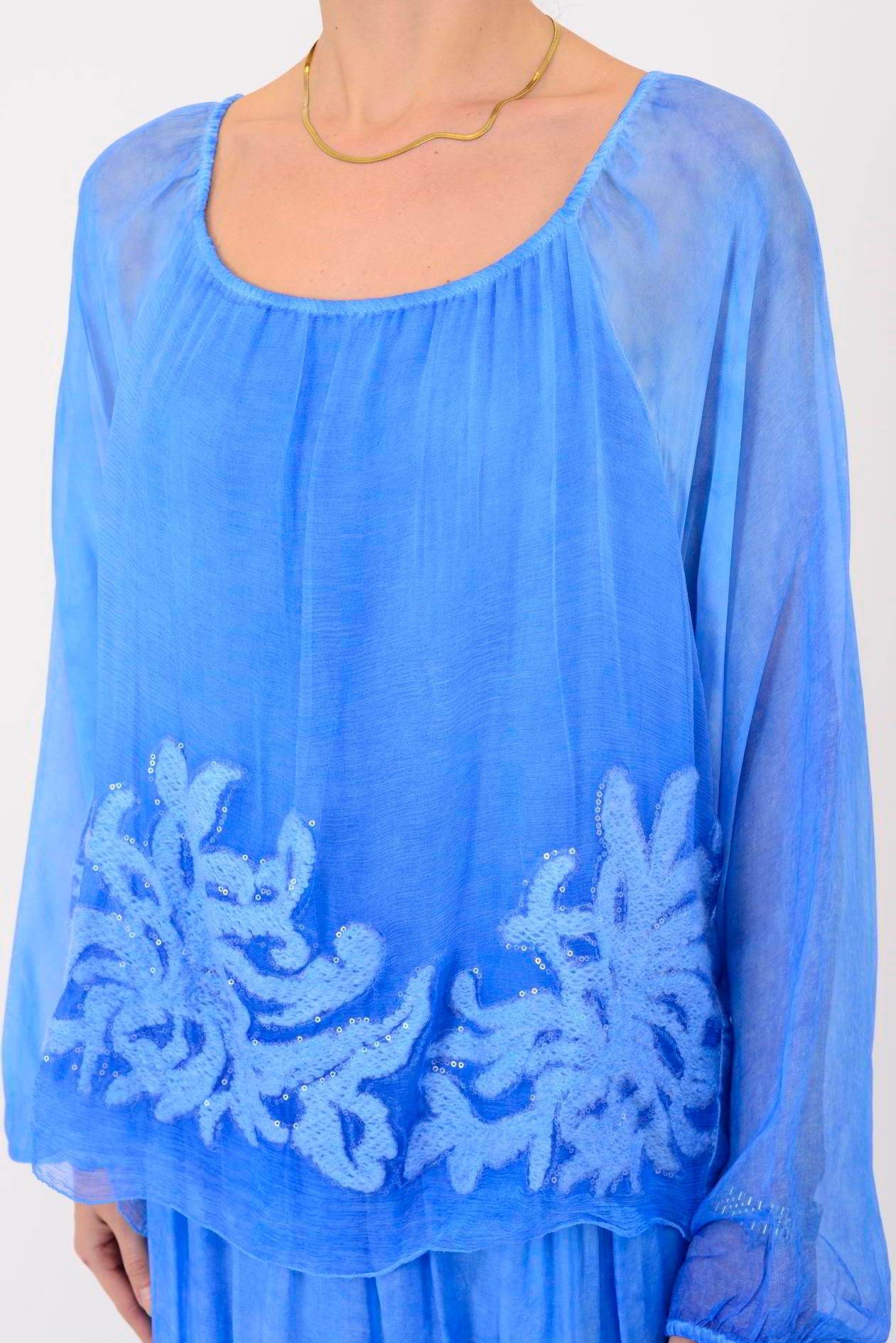 SN510 MADONNA YAKA KABARTMALI PAYET DETAYLI İPEK ELBİSE