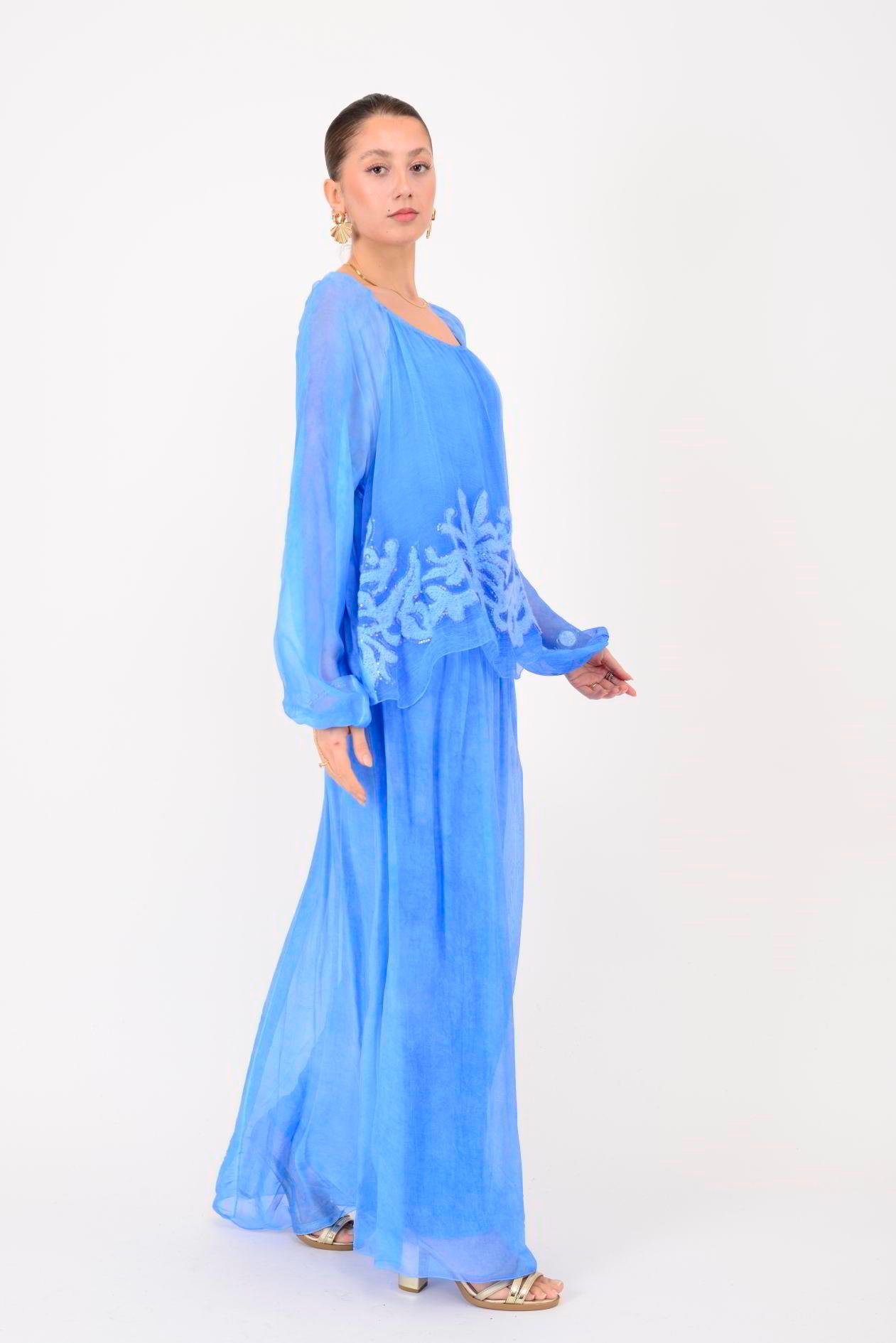 SN510 MADONNA YAKA KABARTMALI PAYET DETAYLI İPEK ELBİSE