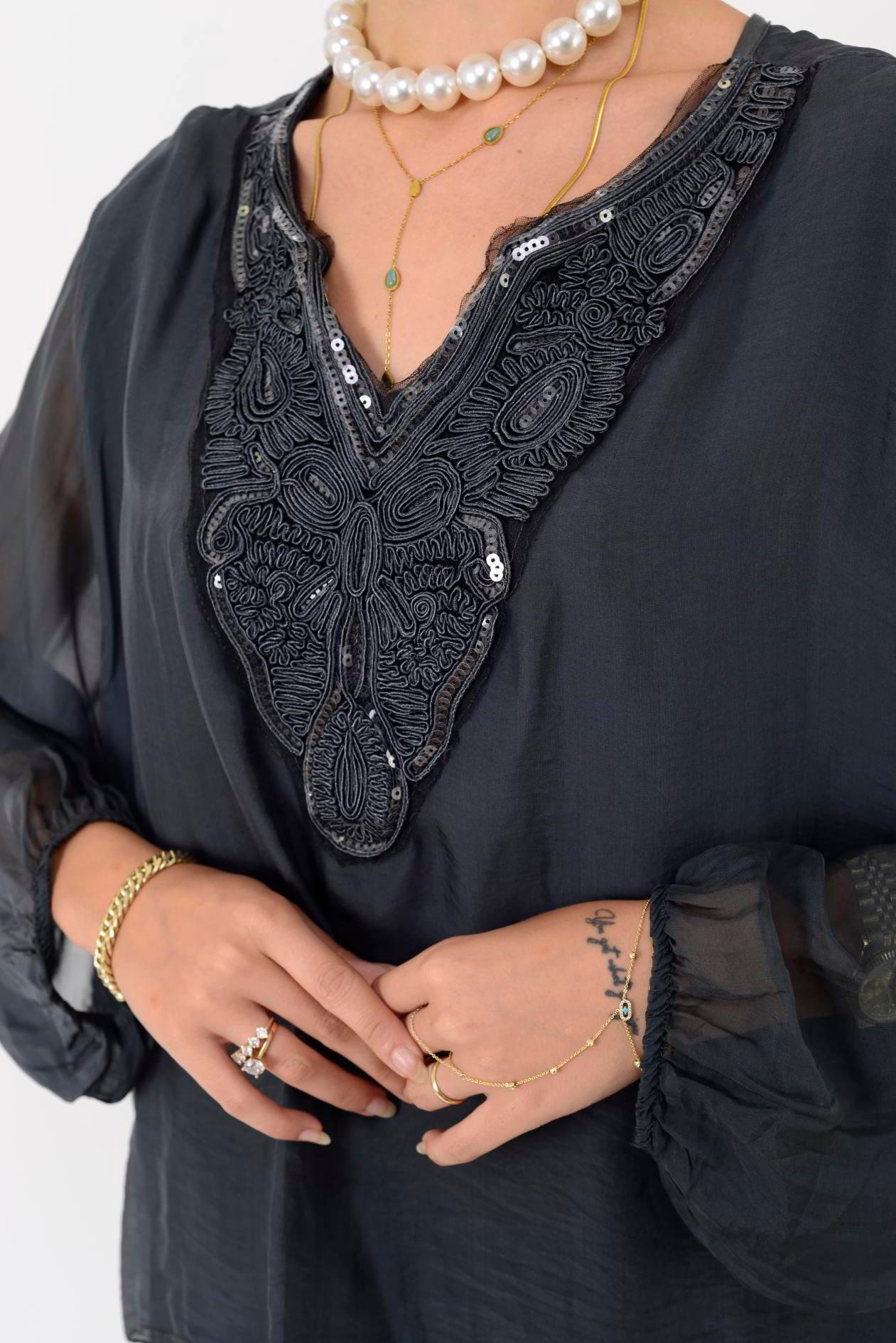 SN780 PAYETLİ KABARTMALI YAKA DETAYLI İPEK ELBİSE