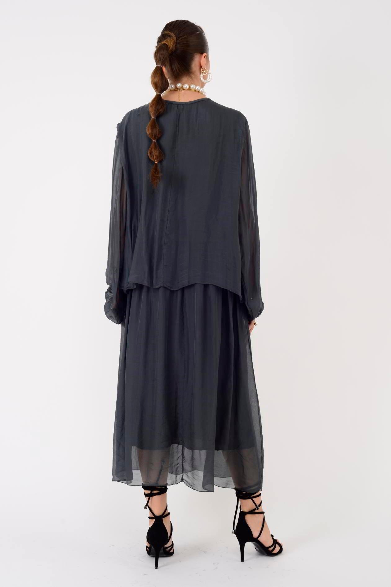 SN780 PAYETLİ KABARTMALI YAKA DETAYLI İPEK ELBİSE