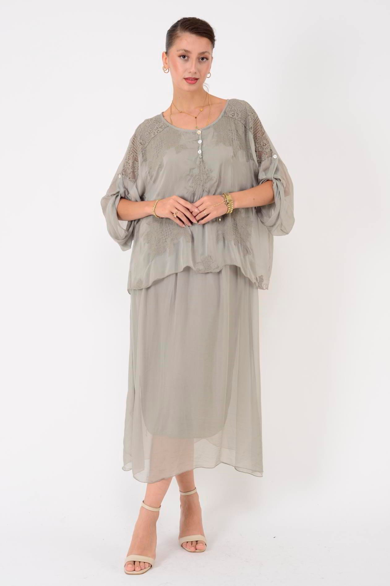 SN795 SIRTI PENCERELİ DANTEL DETAYLI İPEK ELBİSE