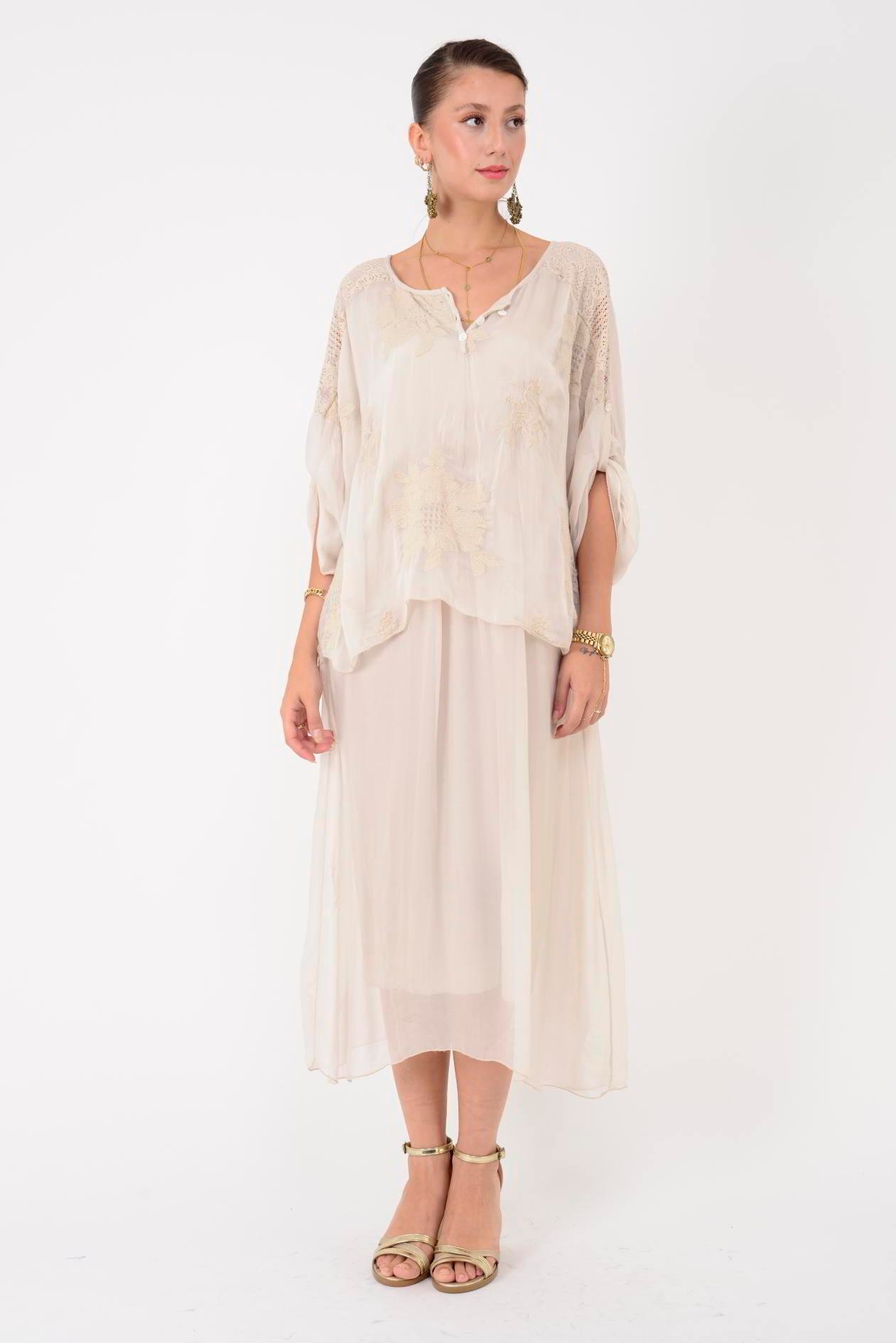 SN795 SIRTI PENCERELİ DANTEL DETAYLI İPEK ELBİSE