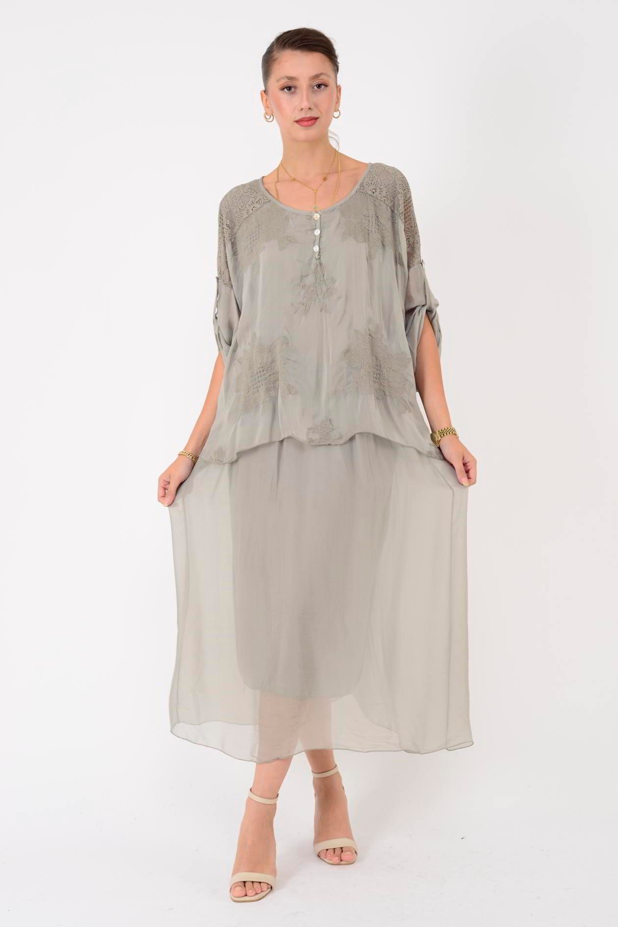 SN795 SIRTI PENCERELİ DANTEL DETAYLI İPEK ELBİSE