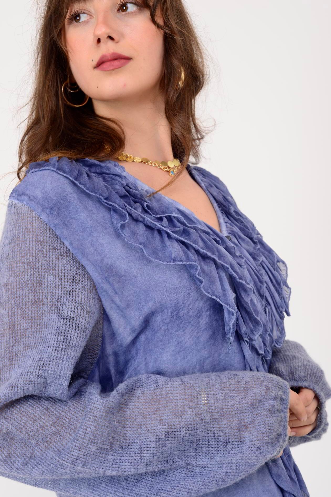 SN871 COSTELLO ÖNÜ FIRFIR DETAYLI TRİKOLU İPEK BLUZ