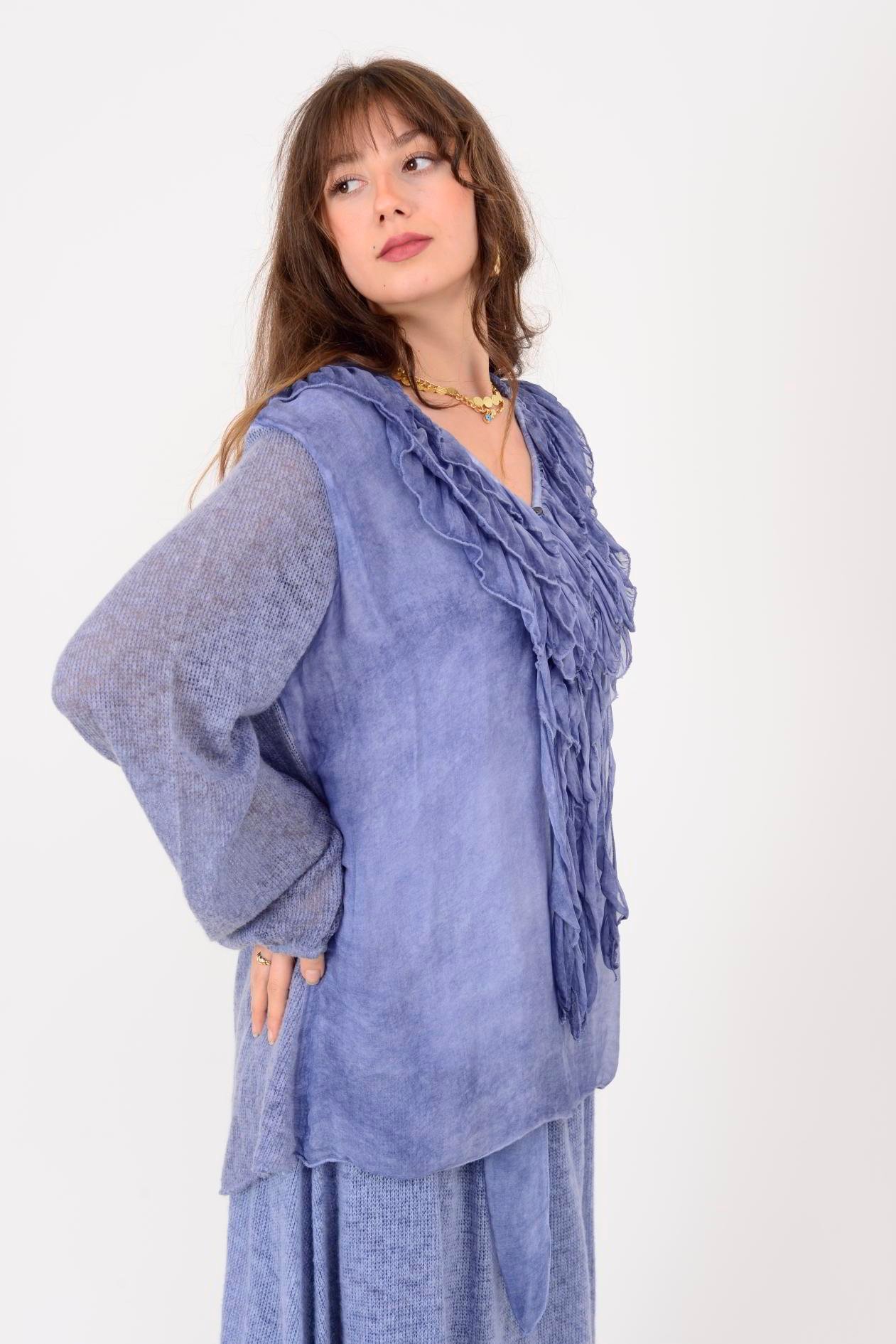 SN871 COSTELLO ÖNÜ FIRFIR DETAYLI TRİKOLU İPEK BLUZ