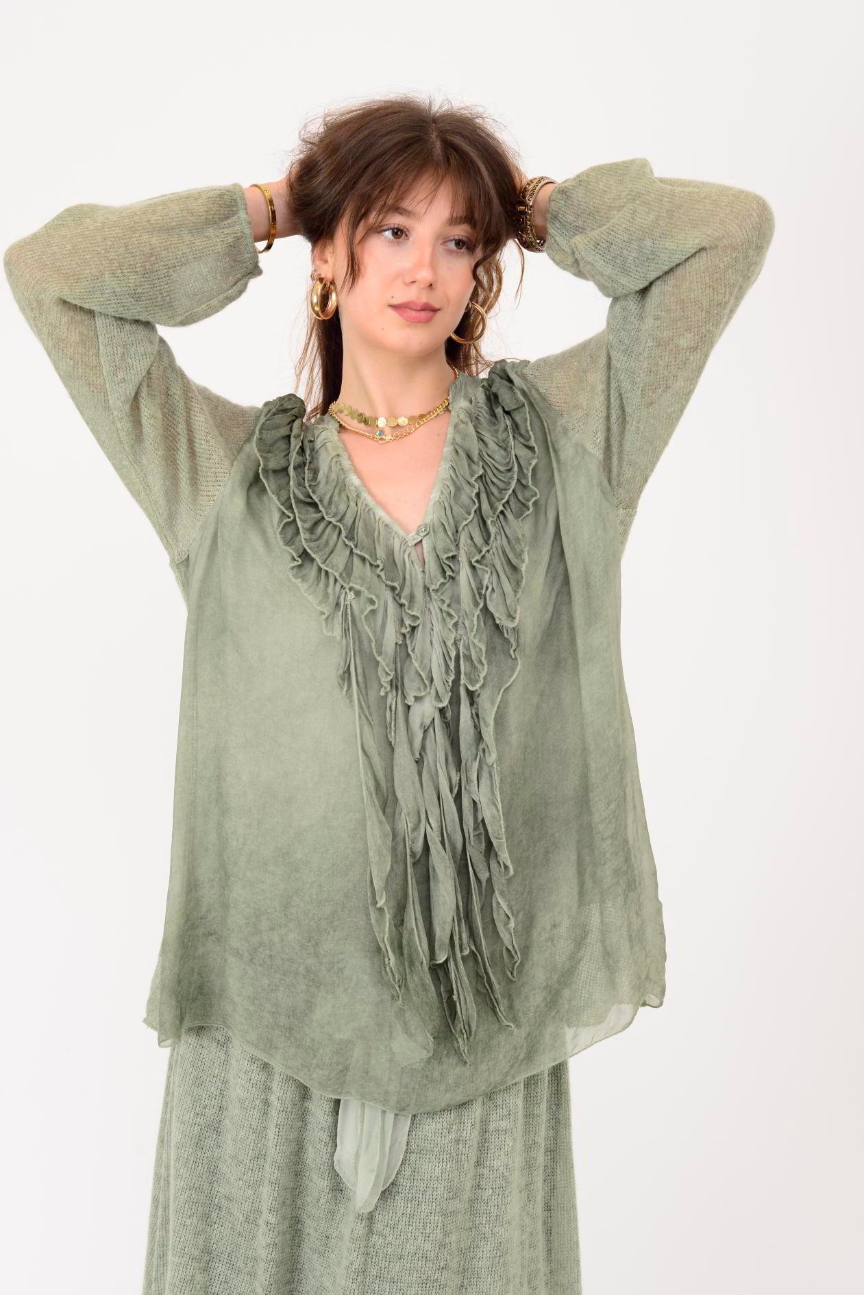 SN871 COSTELLO ÖNÜ FIRFIR DETAYLI TRİKOLU İPEK BLUZ