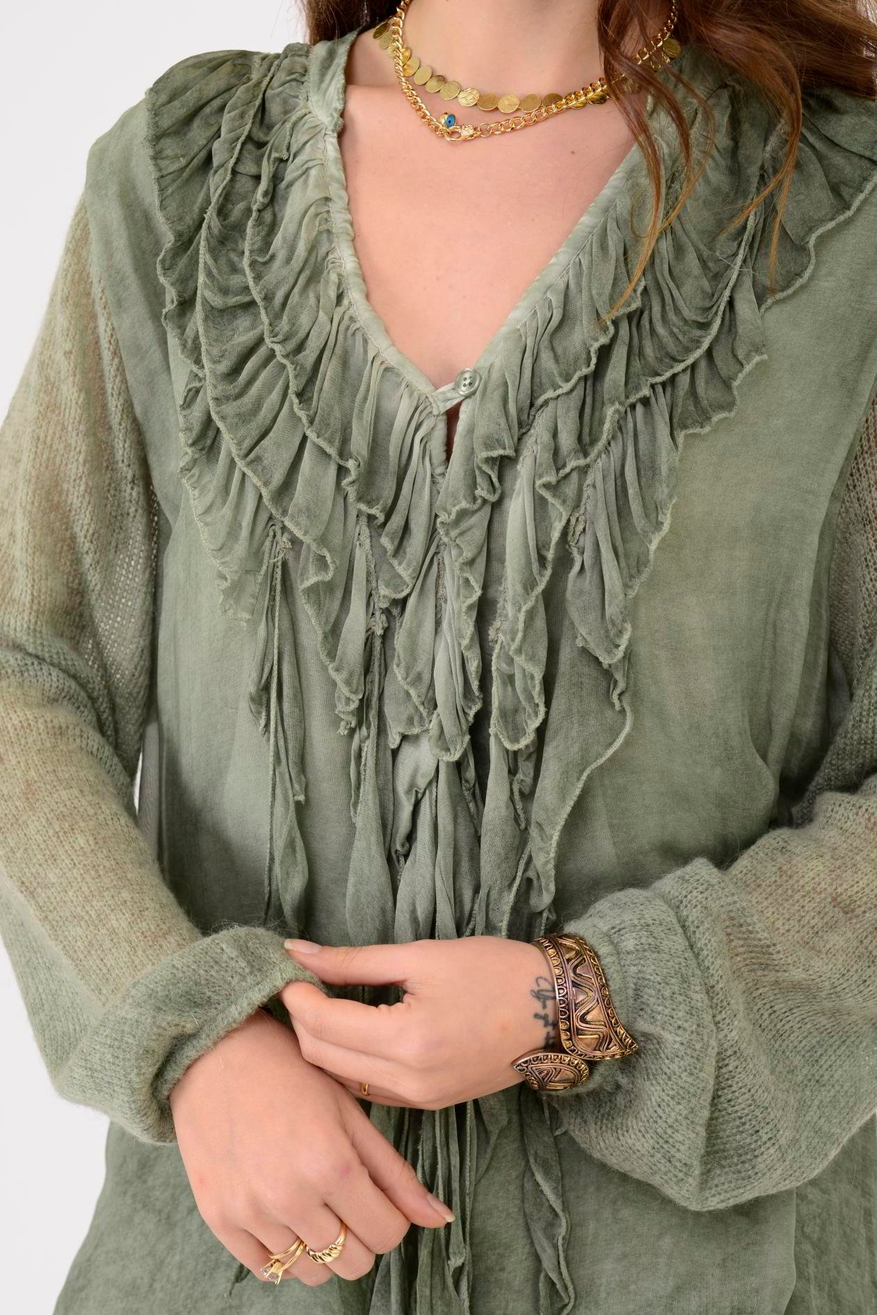 SN871 COSTELLO ÖNÜ FIRFIR DETAYLI TRİKOLU İPEK BLUZ