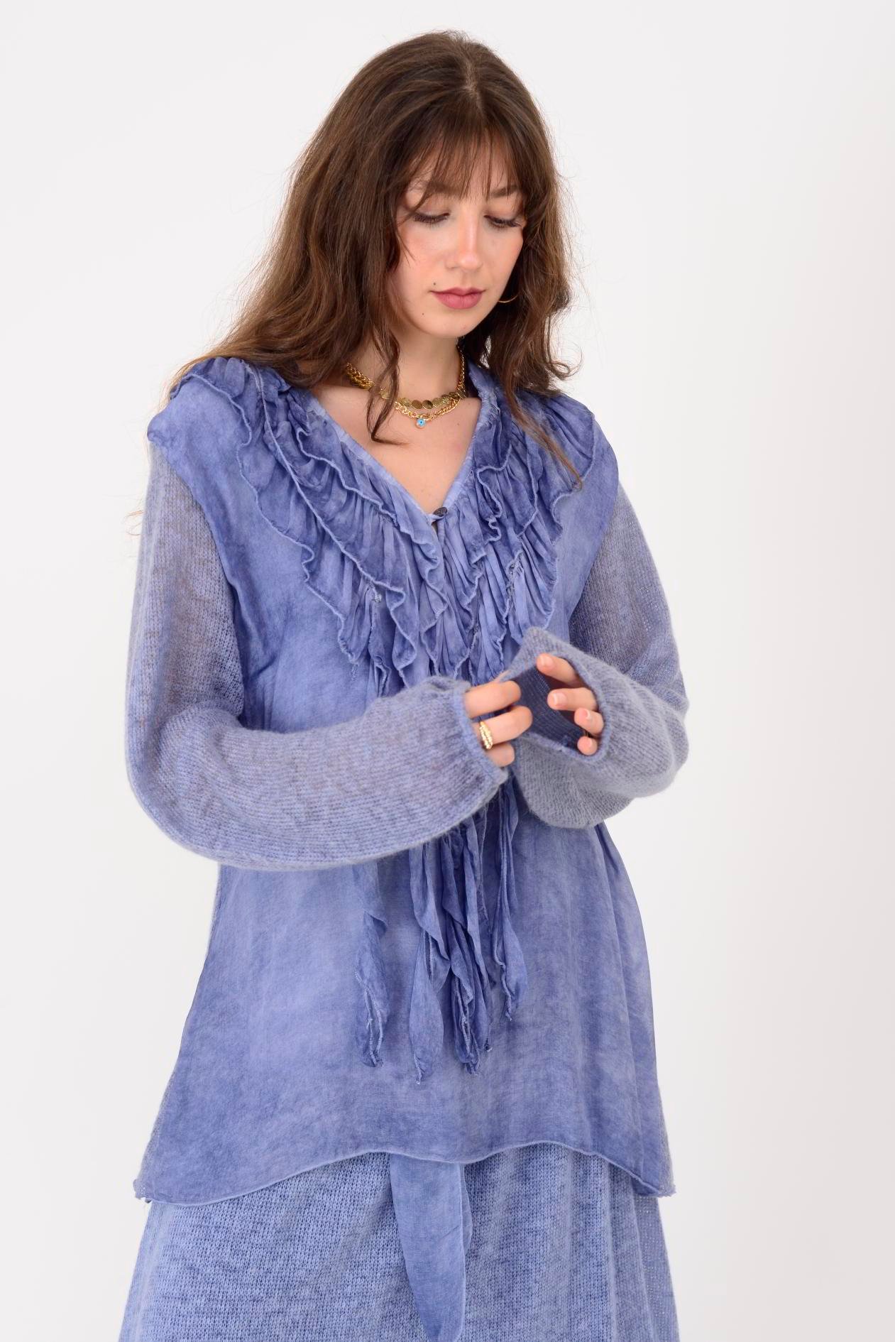 SN871 COSTELLO ÖNÜ FIRFIR DETAYLI TRİKOLU İPEK BLUZ