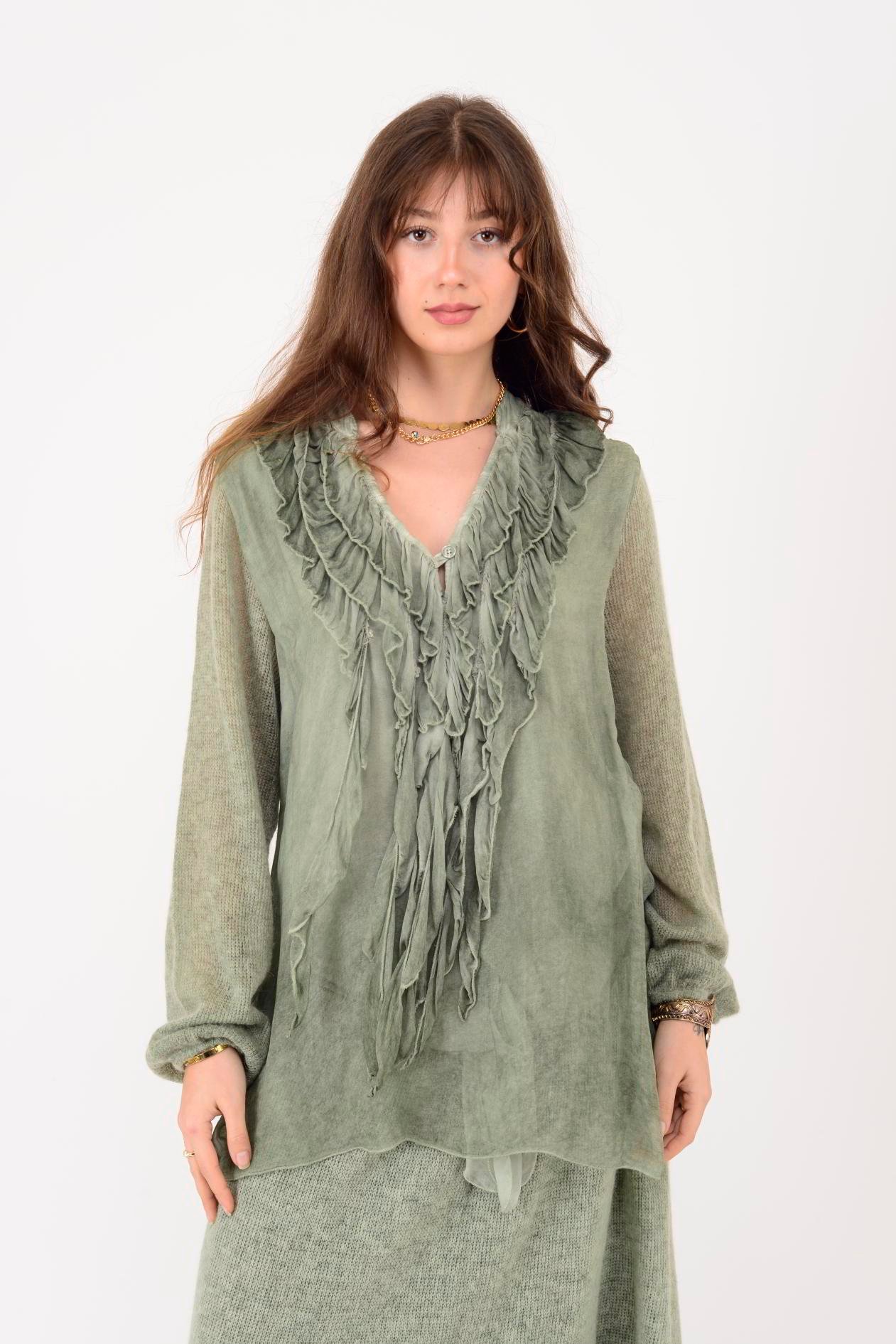 SN871 COSTELLO ÖNÜ FIRFIR DETAYLI TRİKOLU İPEK BLUZ