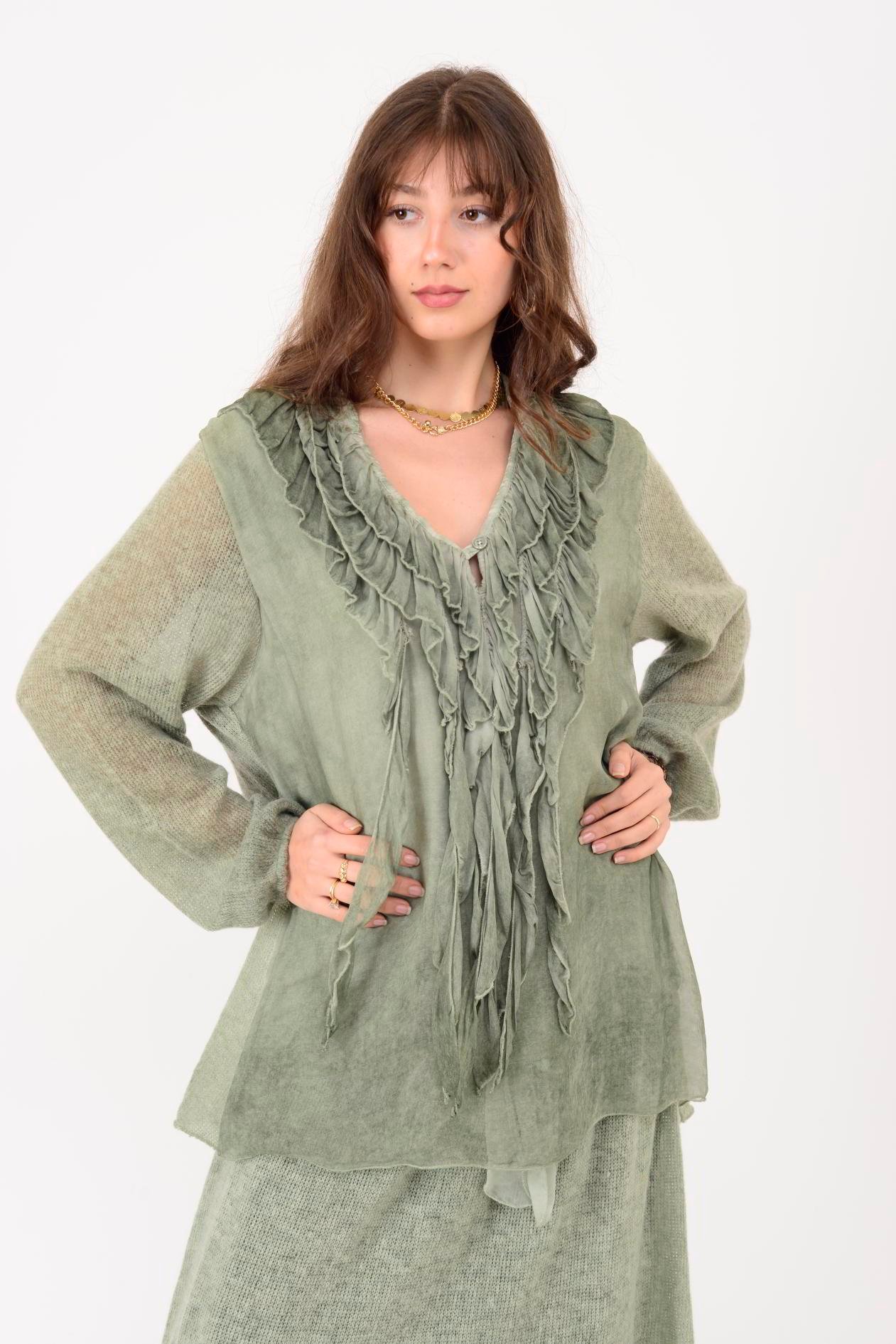 SN871 COSTELLO ÖNÜ FIRFIR DETAYLI TRİKOLU İPEK BLUZ