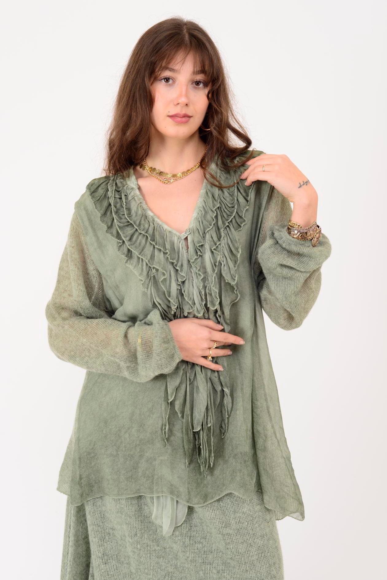 SN871 COSTELLO ÖNÜ FIRFIR DETAYLI TRİKOLU İPEK BLUZ