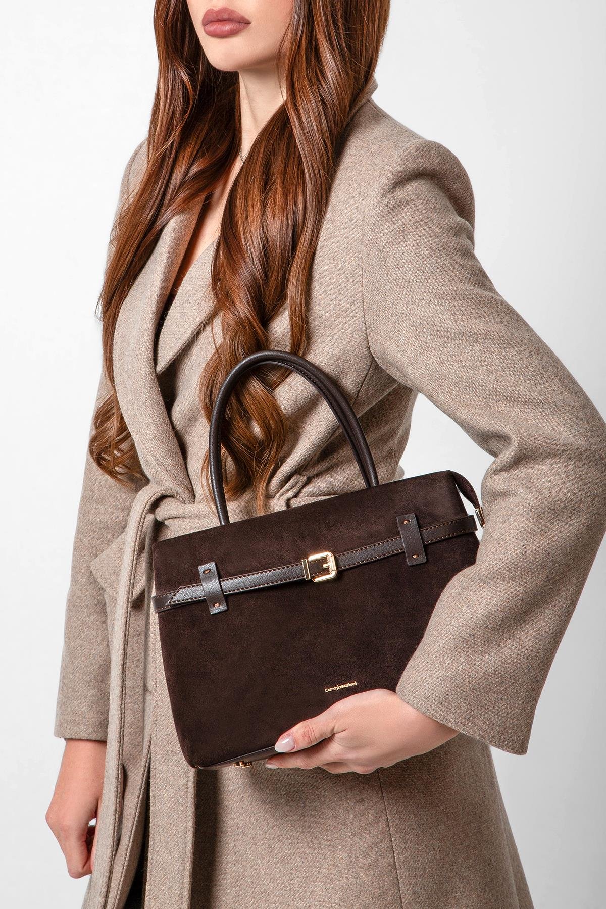 Cengiz Pakel Cengiz Pakel Süet Deri Kemer Detaylı Kadın El – Omuz Çantası - 7605 - Acı Kahve