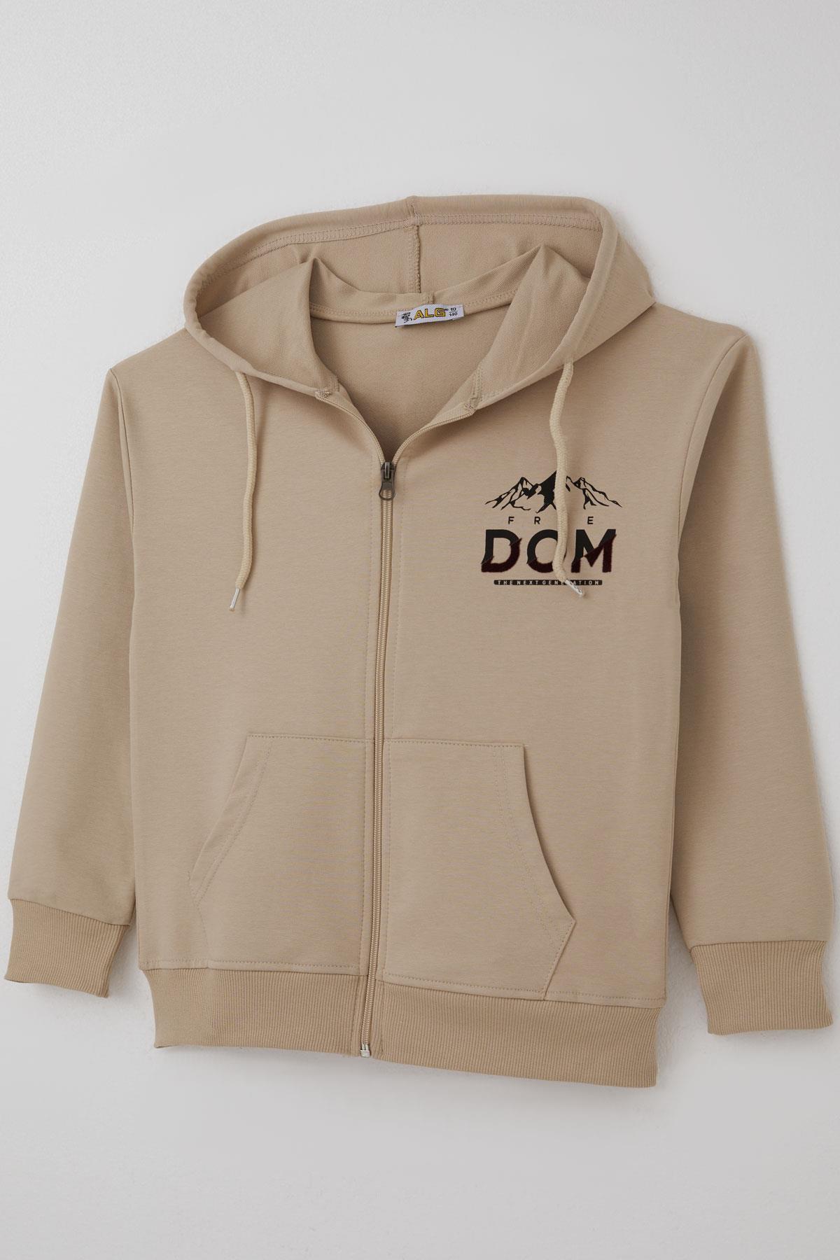 Alg Erkek Çocuk Hırka Fermuarlı Motivasyon Temalı Sırt Kısmı Baskılı Bej (10-13 Yaş)