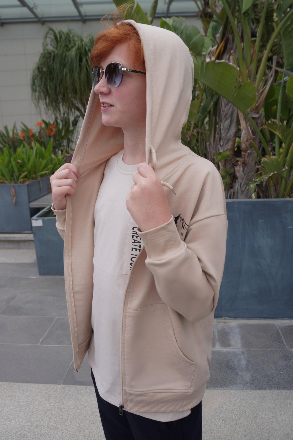 Alg Erkek Çocuk Hırka Fermuarlı Motivasyon Temalı Sırt Kısmı Baskılı Bej (10-13 Yaş)