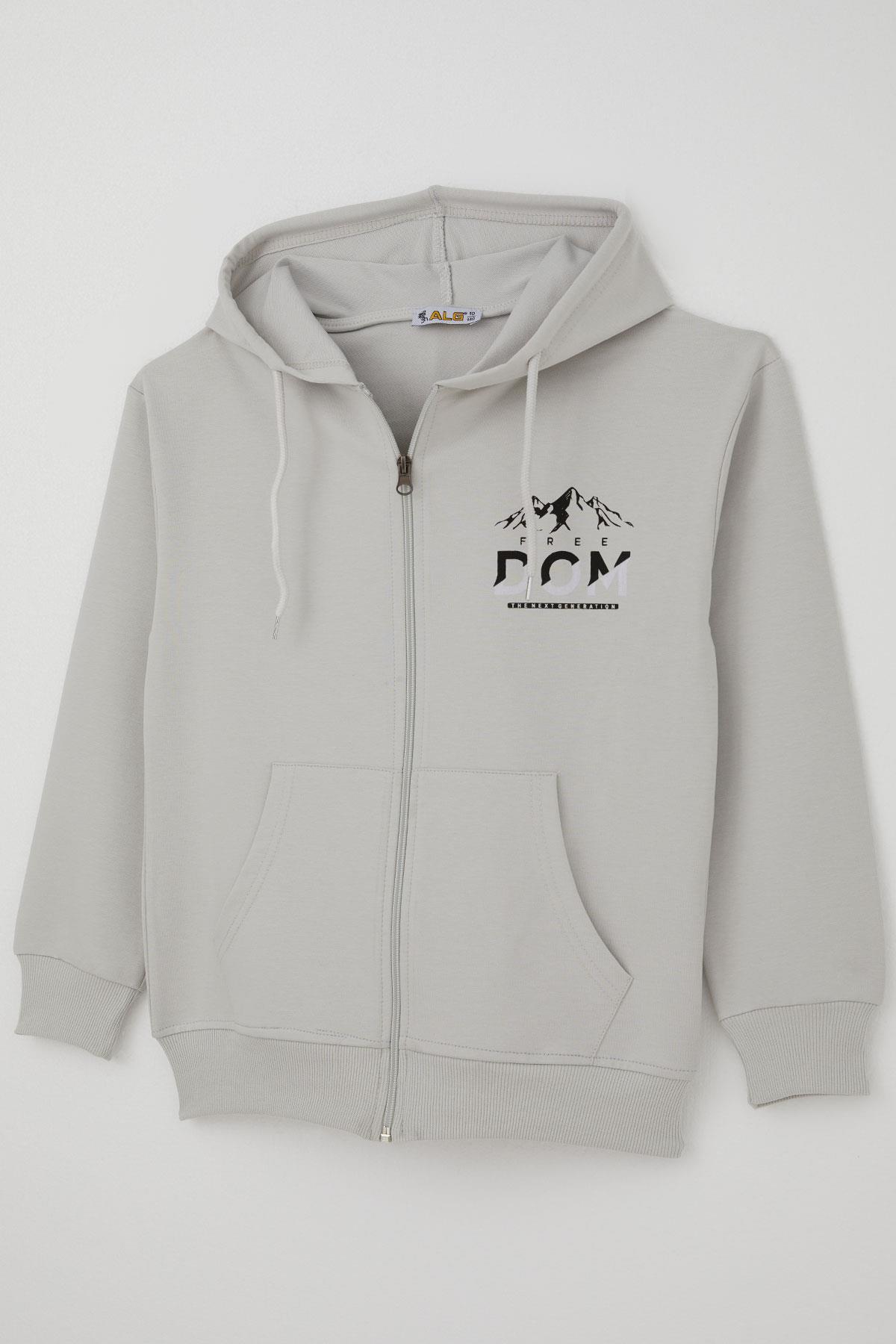 Alg Erkek Çocuk Hırka Fermuarlı Motivasyon Temalı Sırt Kısmı Baskılı Açık Gri (10-13 Yaş)