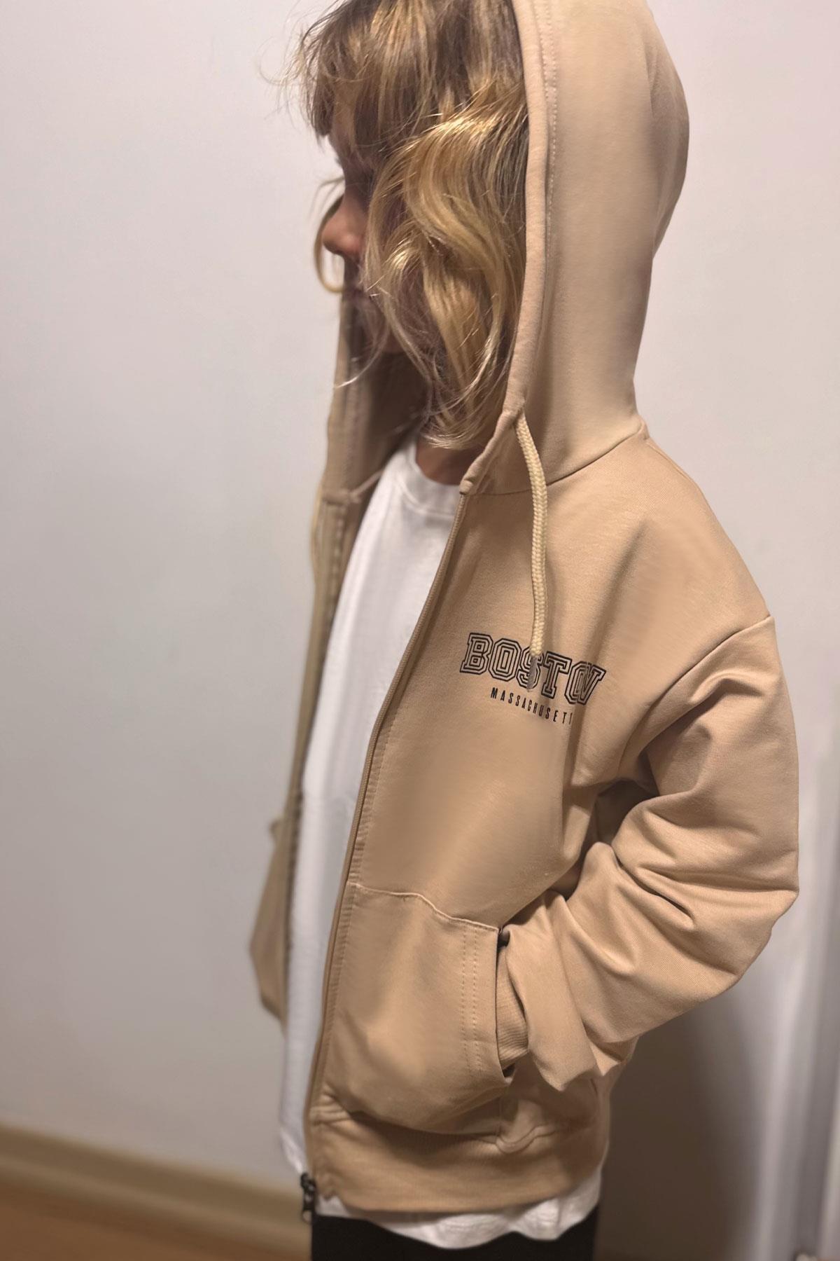 Alg Erkek Çocuk Hırka Kapüşonlu Arka Kısmı Baskı Detaylı Bej (6-9 Yaş)