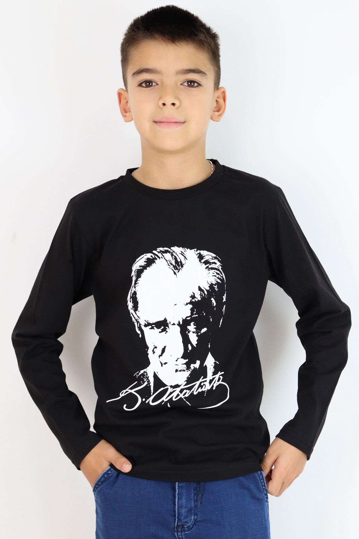 Alg Erkek Çocuk Uzun Kollu Tişört Atatürk Portre Ve İmzalı Siyah (2-17 Yaş)