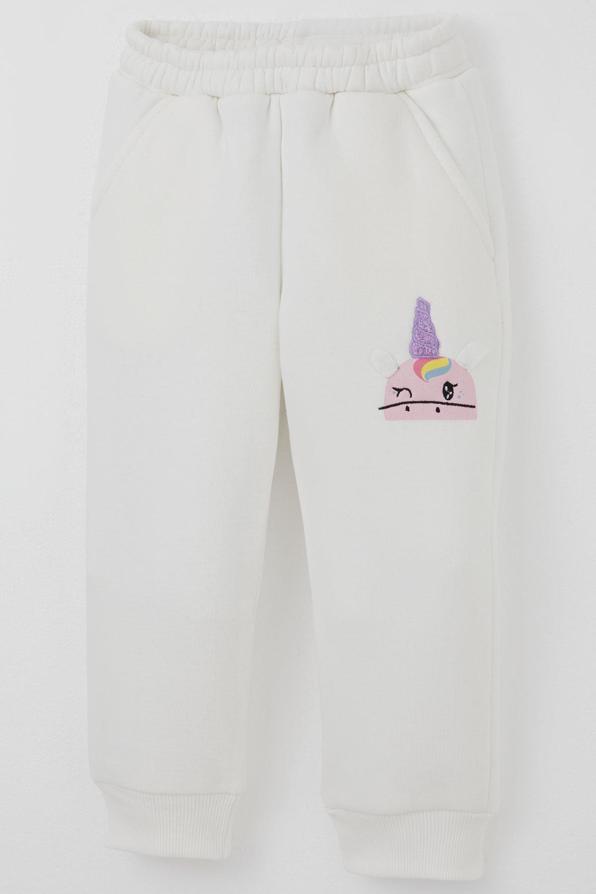 Alg Kız Çocuk Eşofman Takımı Göz Kırpan Unicorn Nakış Ekru (2-5 Yaş)