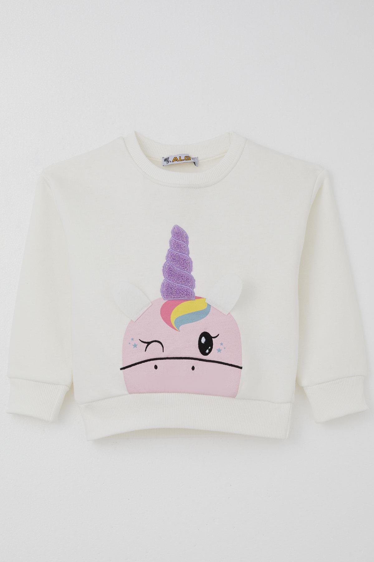 Alg Kız Çocuk Eşofman Takımı Göz Kırpan Unicorn Nakış Ekru (2-5 Yaş)