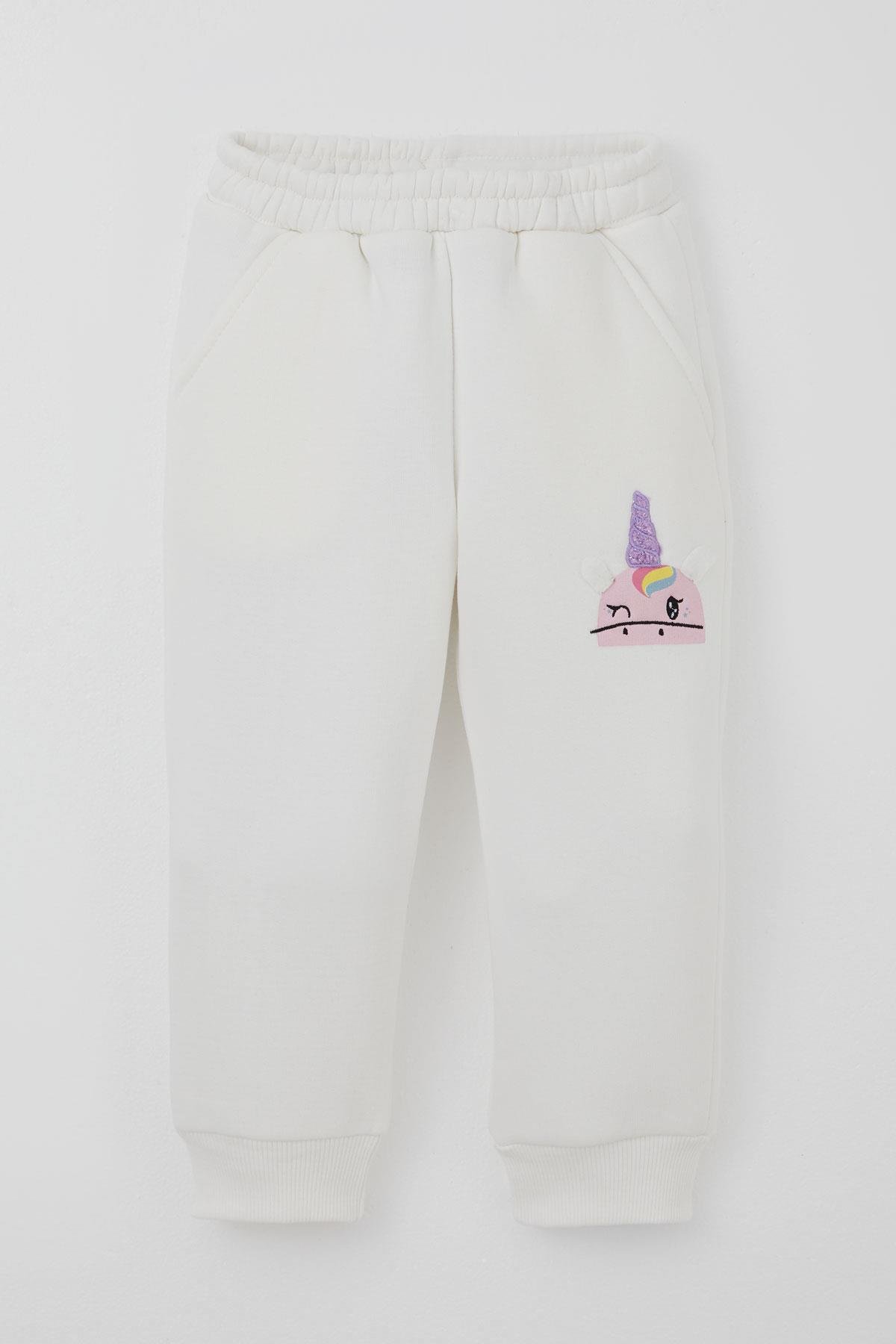 Alg Kız Çocuk Eşofman Takımı Göz Kırpan Unicorn Nakış Ekru (2-5 Yaş)