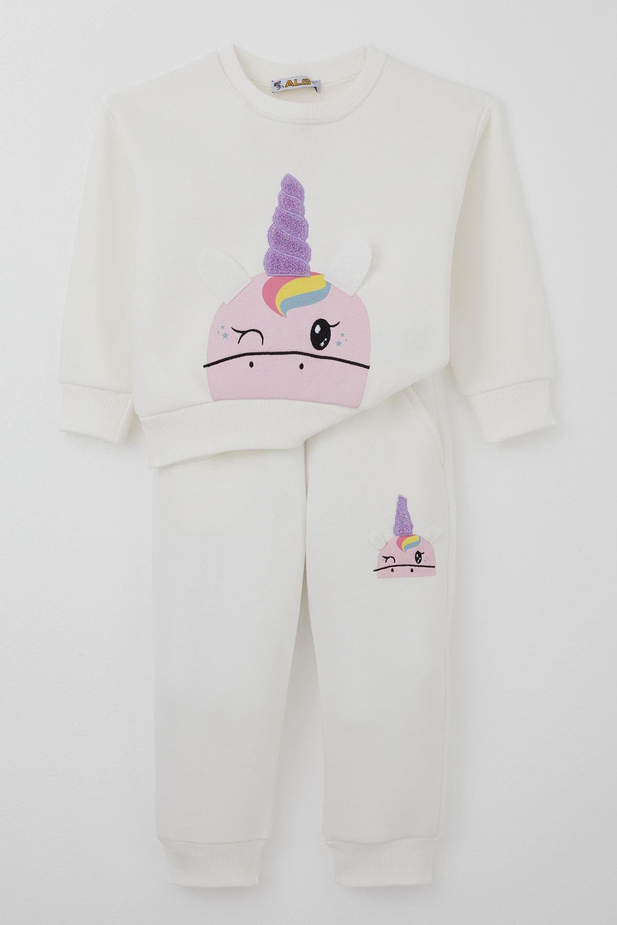 Alg Kız Çocuk Eşofman Takımı Göz Kırpan Unicorn Nakış Ekru (2-5 Yaş)