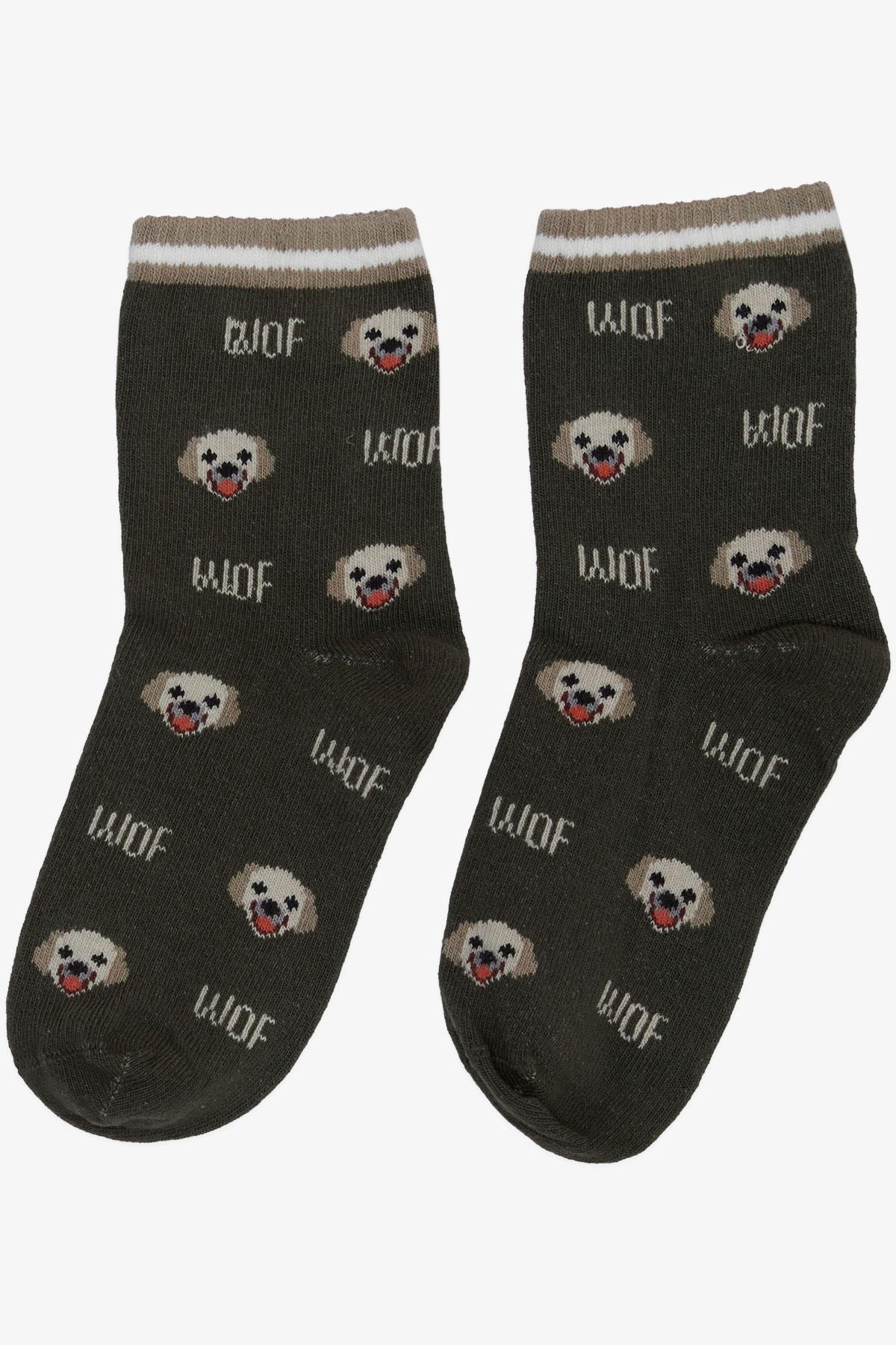 Artı Erkek Çocuk Soket Çorap Sevimli Köpekçik Desenli Haki Yeşil (5-10 Yaş)