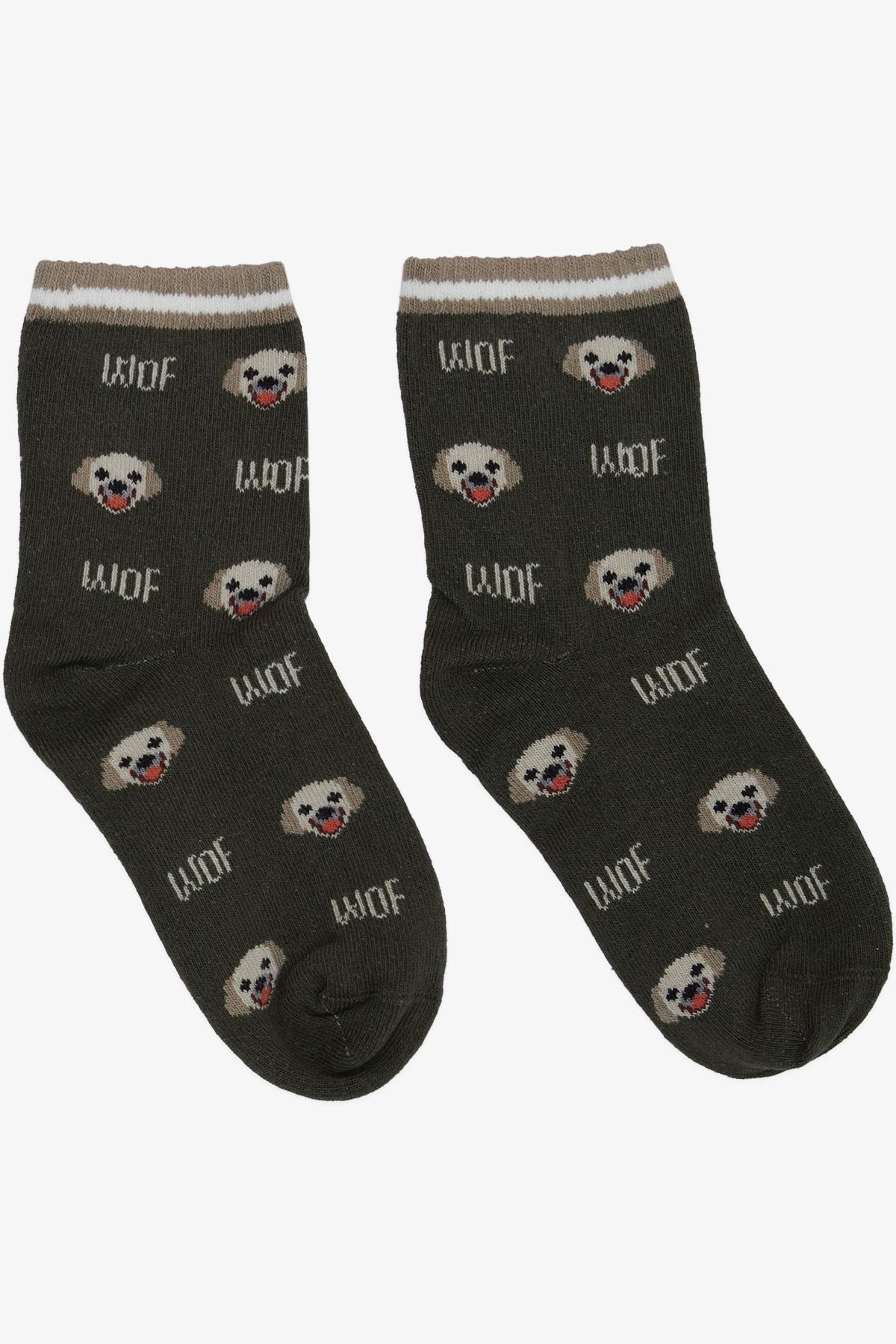 Artı Erkek Çocuk Soket Çorap Sevimli Köpekçik Desenli Haki Yeşil (5-10 Yaş)