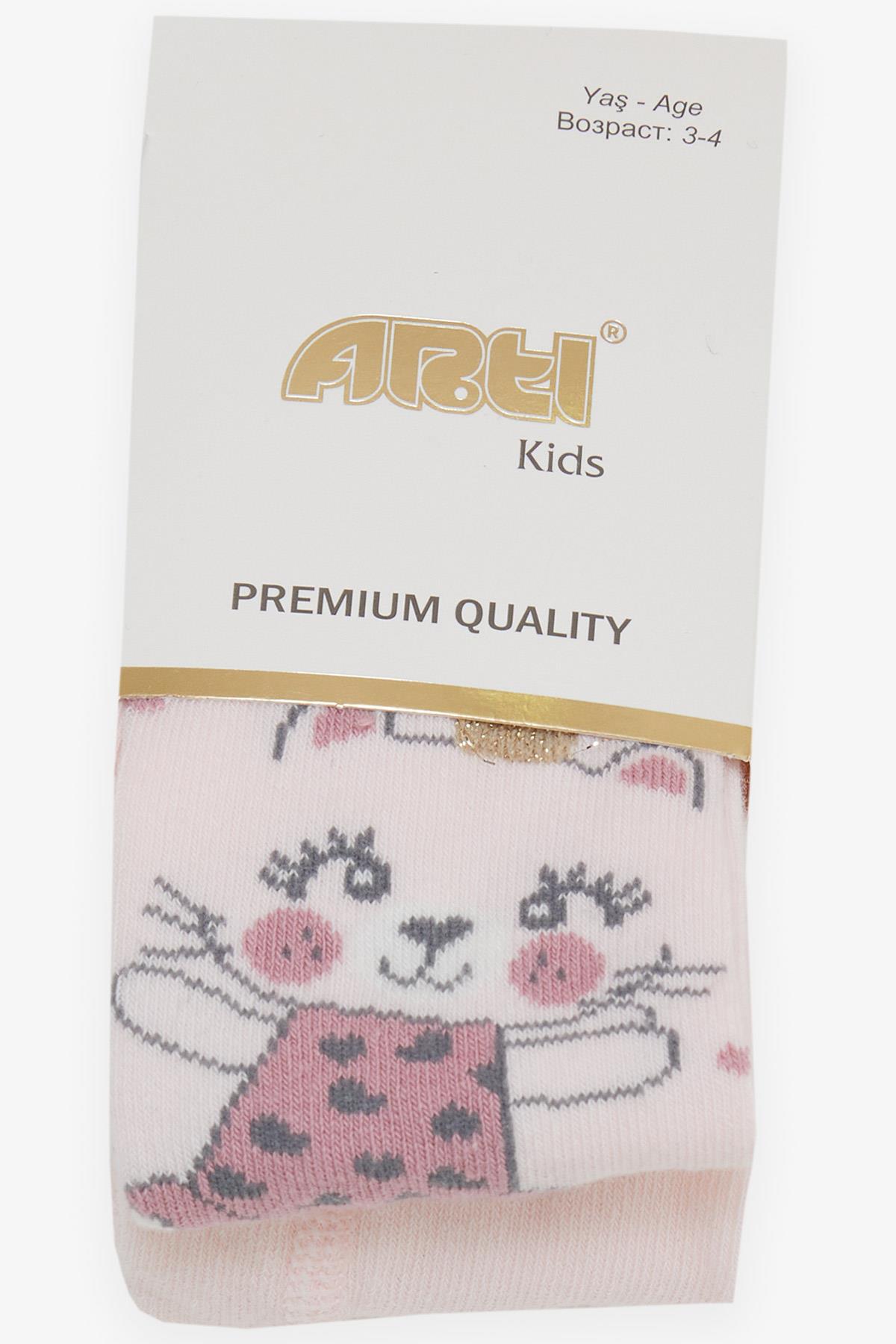 ARTI Kız Çocuk Külotlu Çorap Kalpli Sevimli Kedicik Baskılı Pembe (3-8 Yaş)