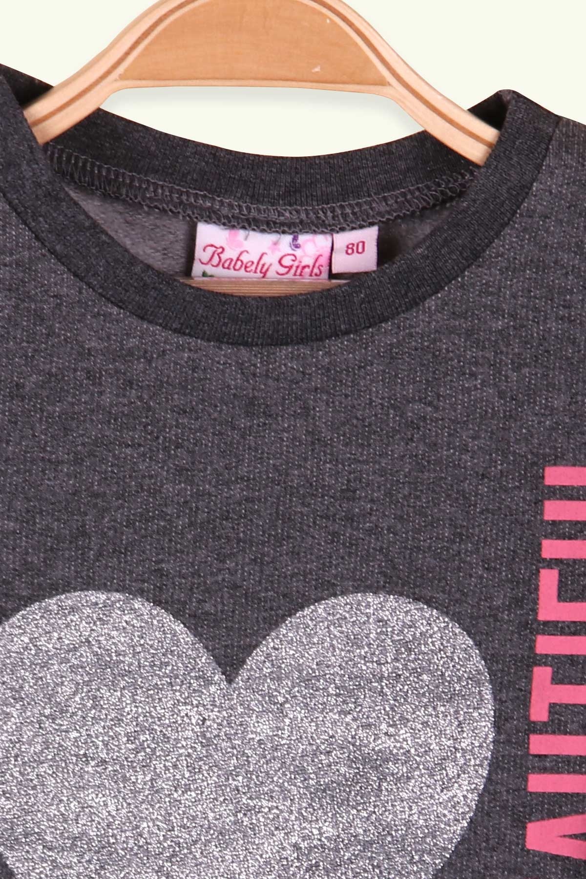BABELY Kız Bebek Sweatshirt Kalpli Baskılı Simli Füme (9 Ay-2 Yaş)