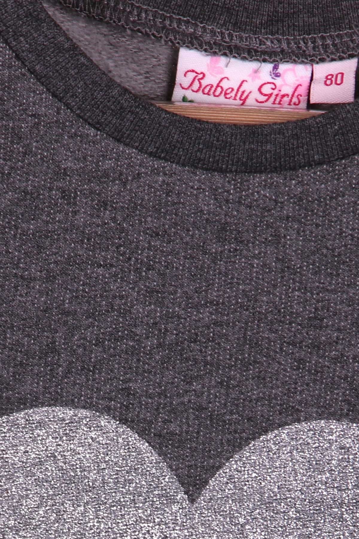 BABELY Kız Bebek Sweatshirt Kalpli Baskılı Simli Füme (9 Ay-2 Yaş)