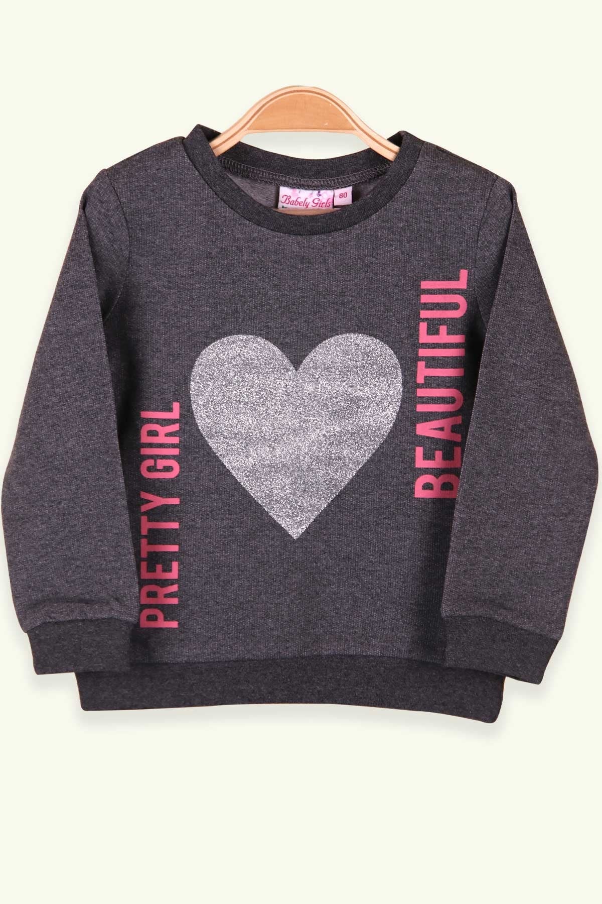 BABELY Kız Bebek Sweatshirt Kalpli Baskılı Simli Füme (9 Ay-2 Yaş)