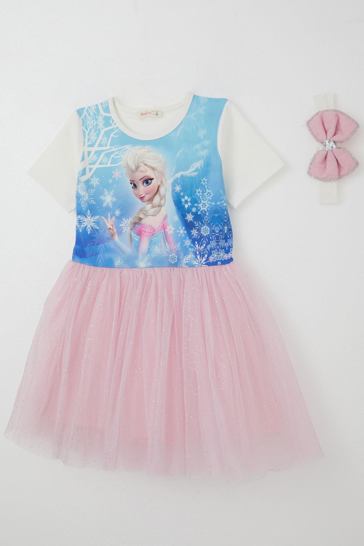 Babely Kız Çocuk Elbise Karlar Kraliçesi Elsa Baskılı Mavi (5-10 Yaş)