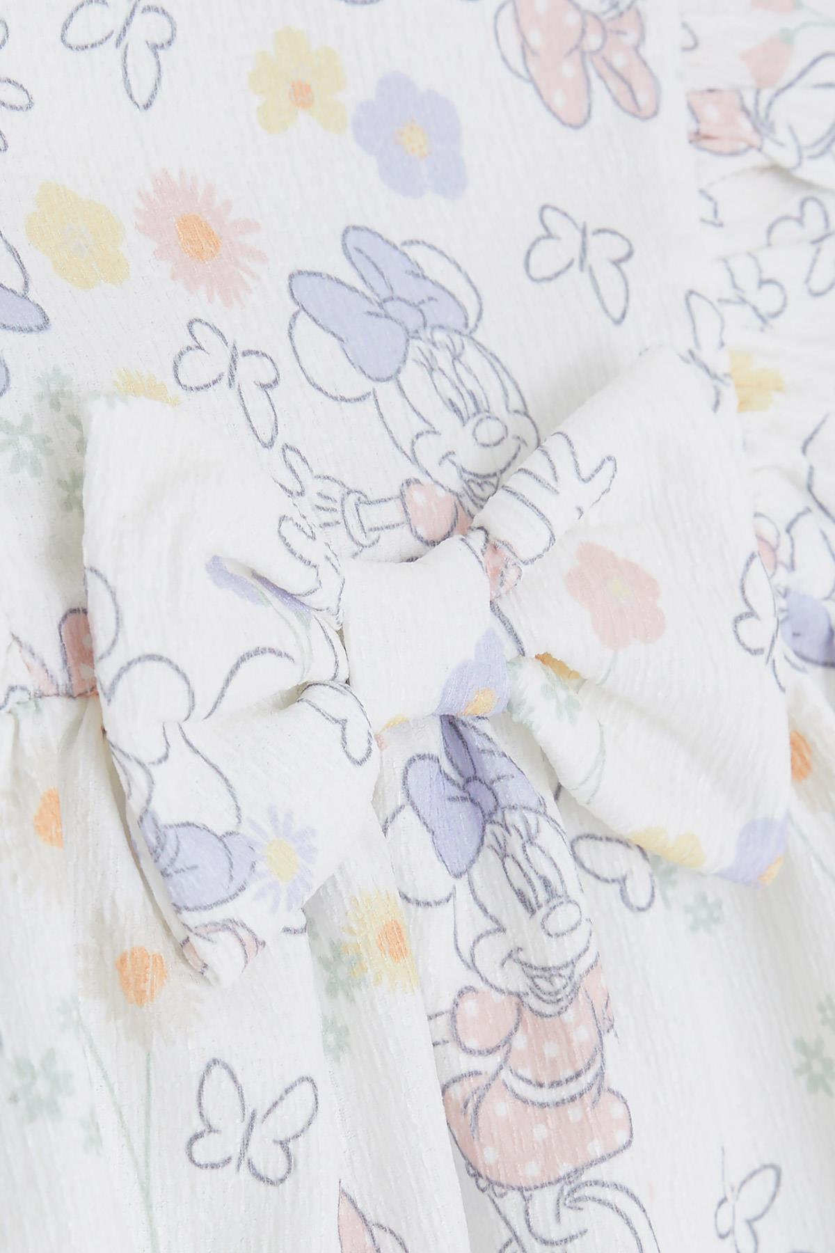 BABELY Kız Çocuk Elbise Minnie Mouse Desenli Fiyonklu Ekru (2-6 Yaş)