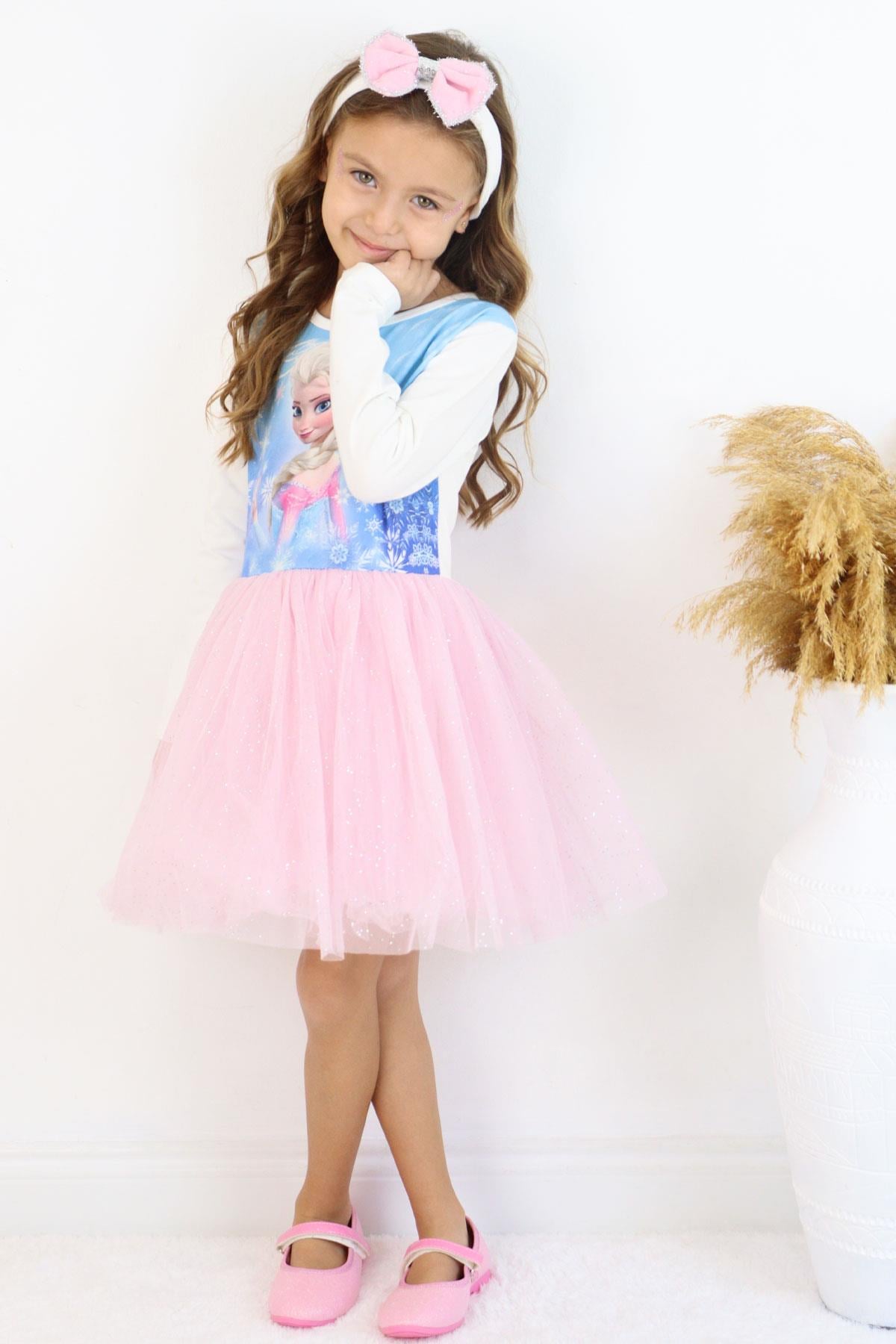 Babely Kız Çocuk Uzun Kollu Elbise Karlar Kraliçesi Elsa Mavi (5-10 Yaş)