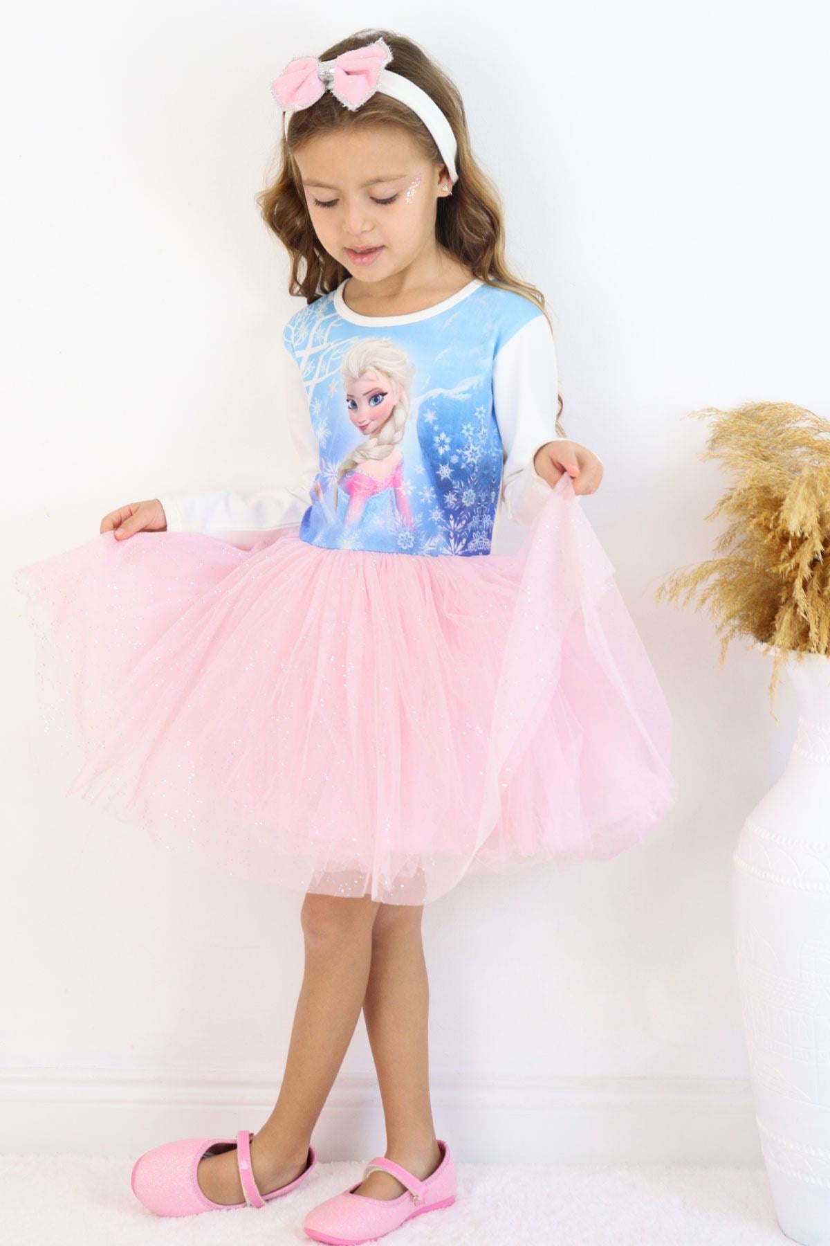 Babely Kız Çocuk Uzun Kollu Elbise Karlar Kraliçesi Elsa Mavi (5-10 Yaş)