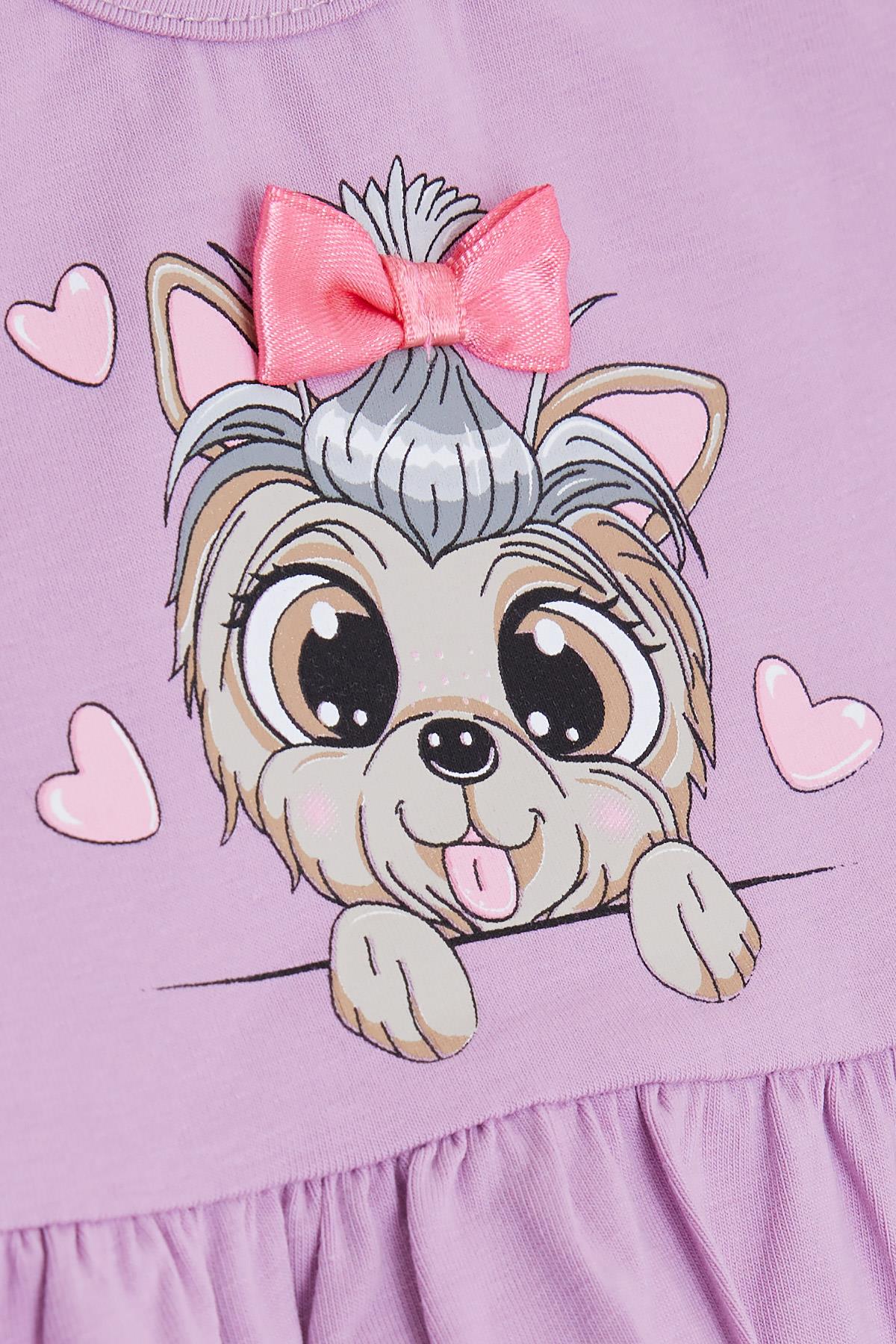 BARMY Kız Çocuk Elbise Fiyonklu Köpekcik Baskılı Eflatun (1.5-5 Yaş)