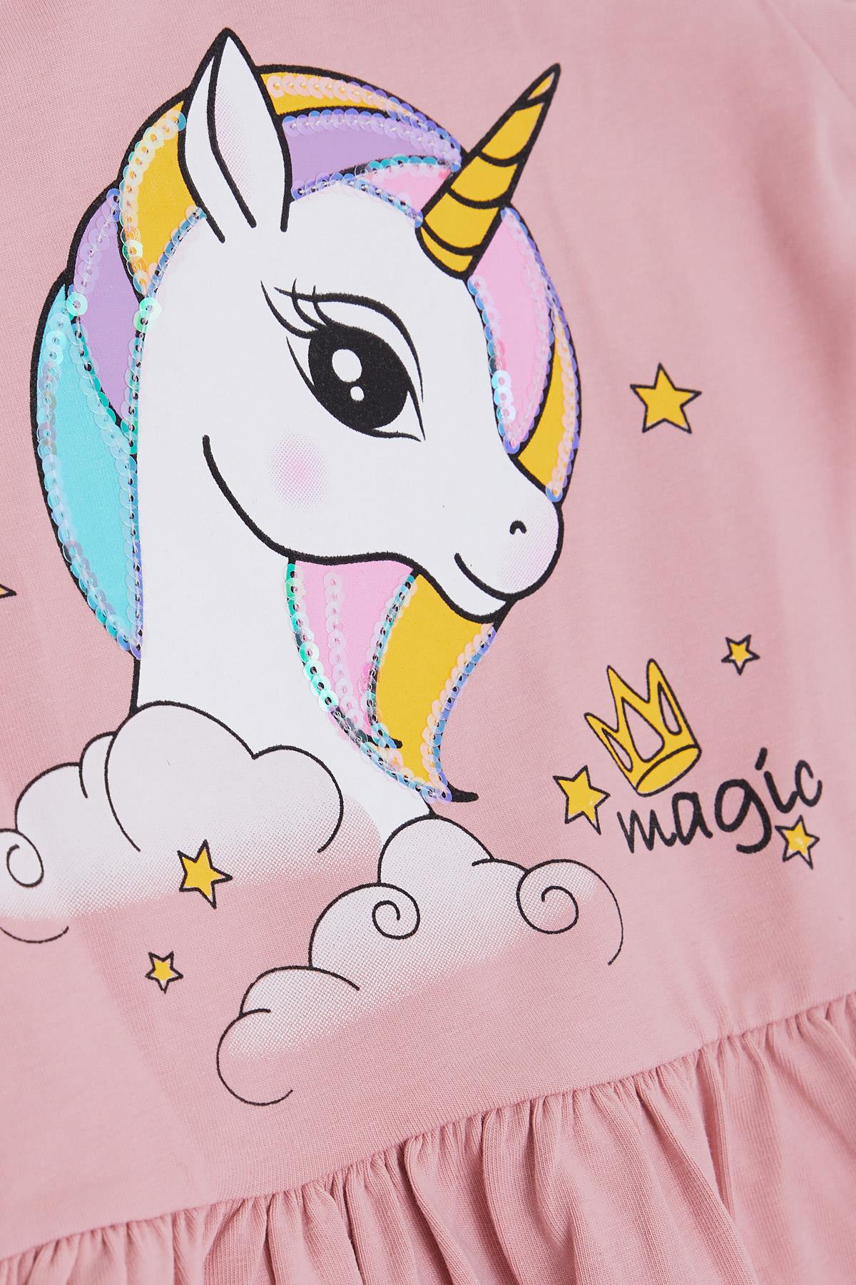 BARMY Kız Çocuk Elbise Unicorn Baskılı Gülkurusu (3-7 Yaş)