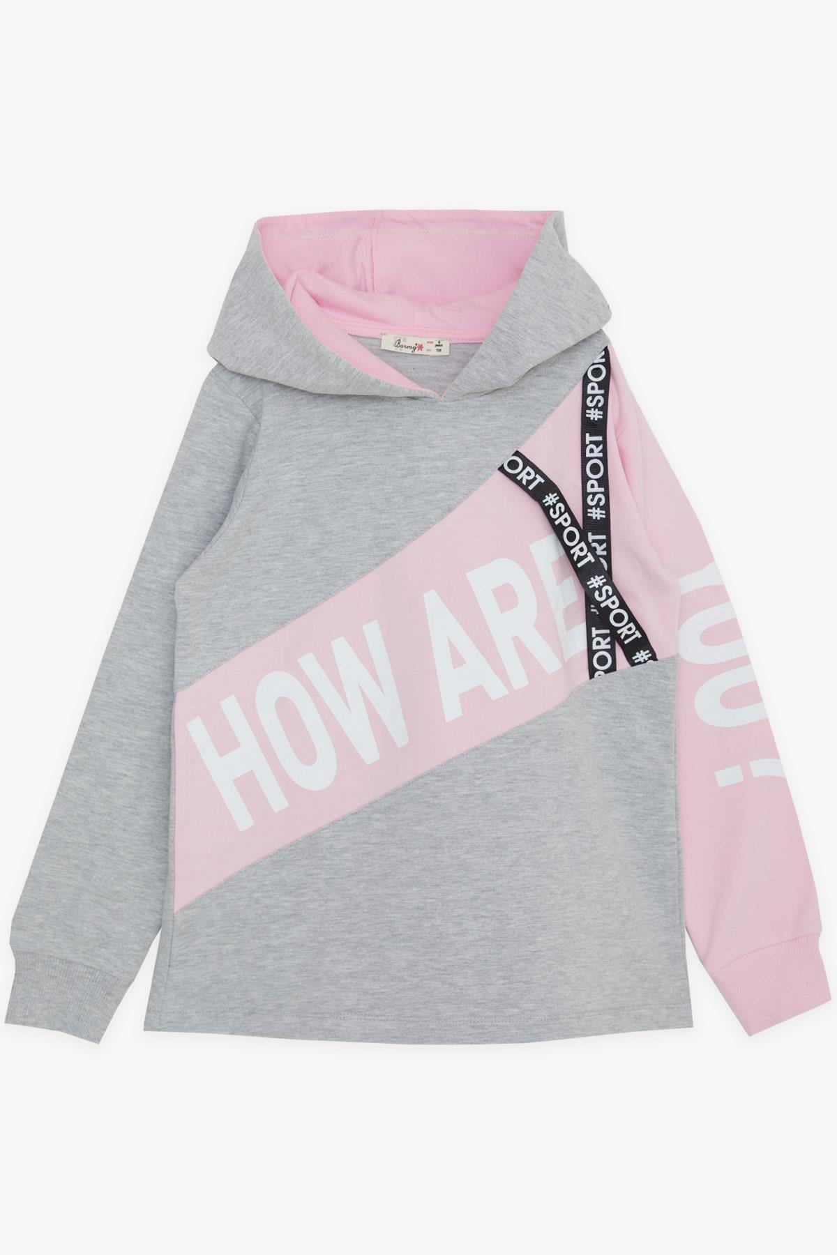 BARMY Kız Çocuk Sweatshirt Kapüşonlu Aksesuarlı Yazı Baskılı Açık Gri Melanj (8-12 Yaş)
