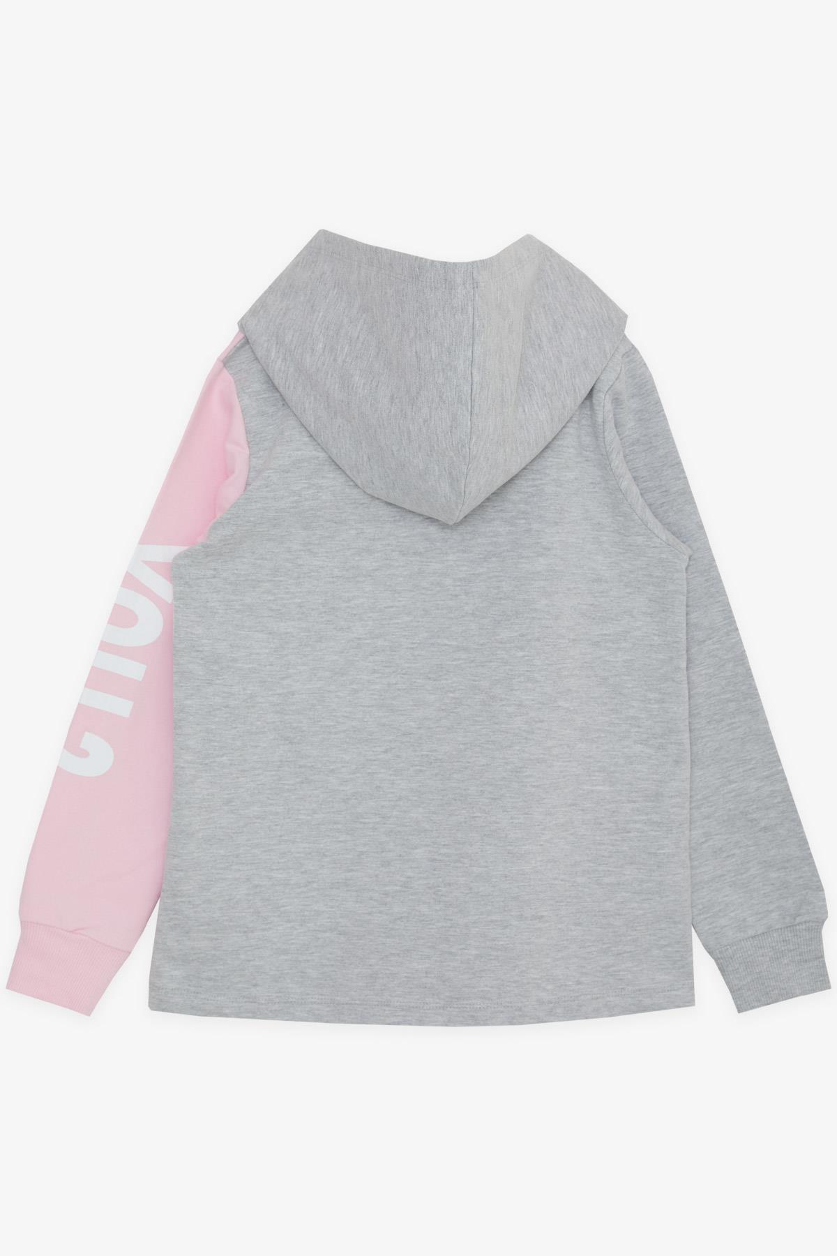 BARMY Kız Çocuk Sweatshirt Kapüşonlu Aksesuarlı Yazı Baskılı Açık Gri Melanj (8-12 Yaş)