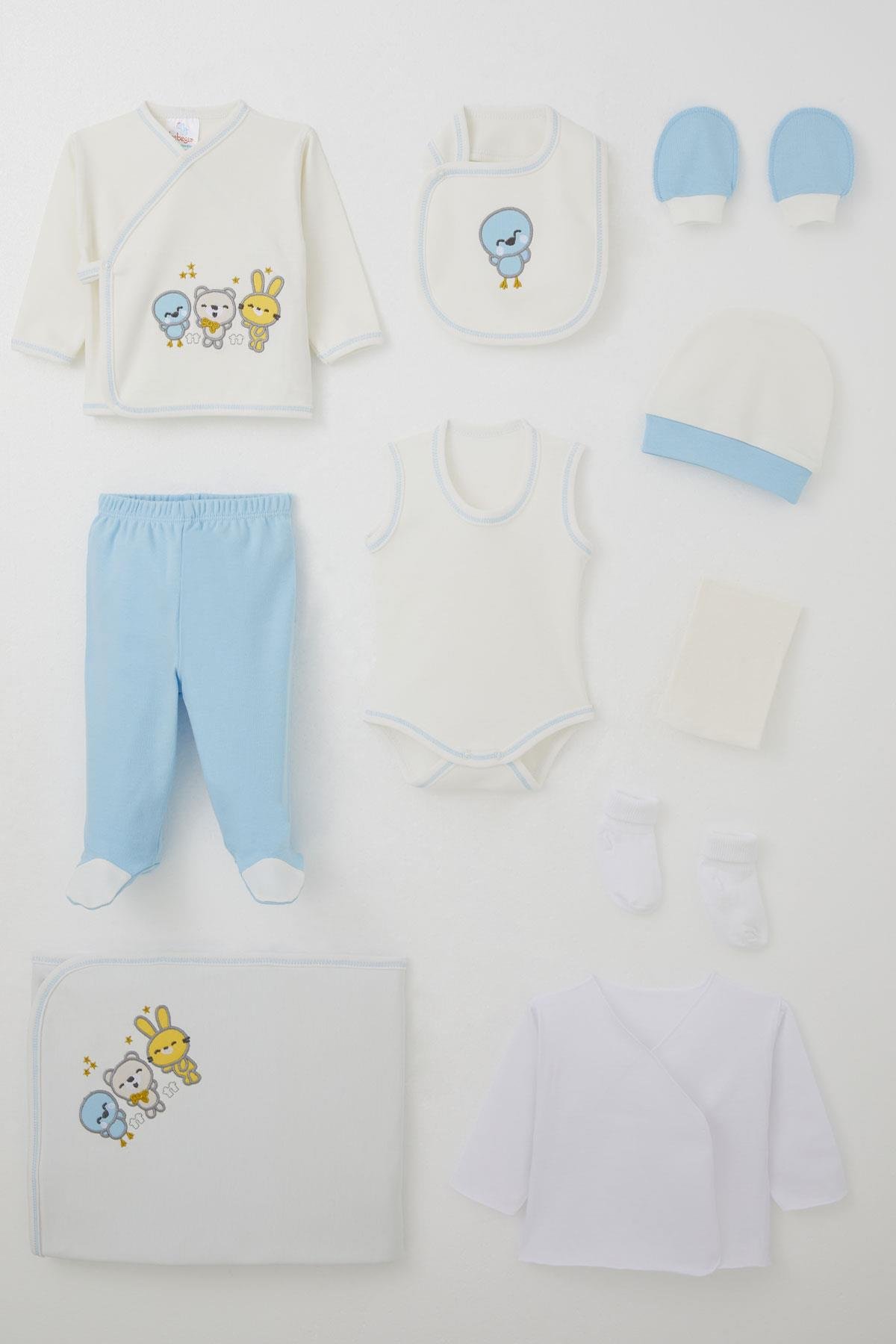 Bebeğiz Erkek Bebek Hastane Çıkışı 10 lu Sevimli Hayvancıklar Nakışlı Beyaz (0-3 Ay)
