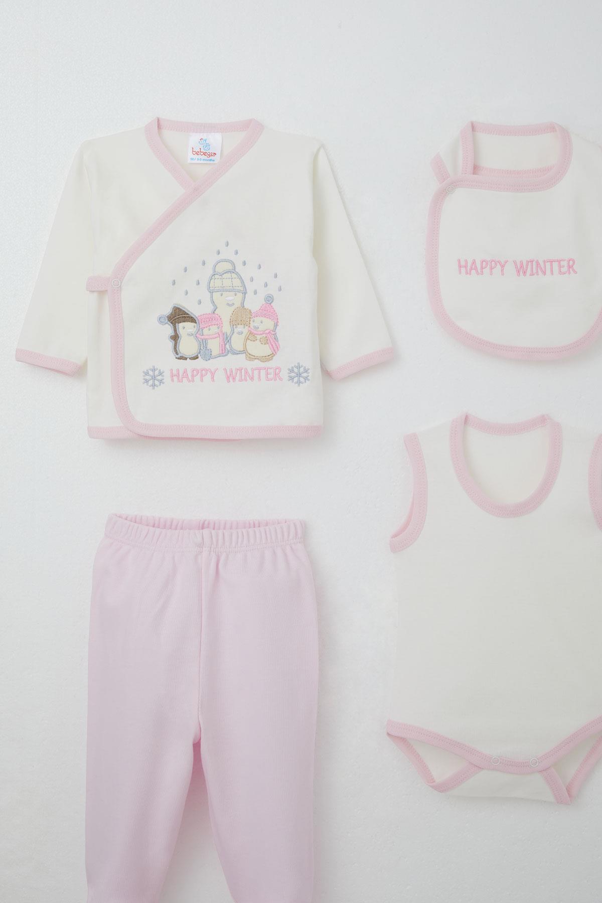 Bebeğiz Kız Bebek Hastane Çıkışı 10 lu Kış Temalı Kardan Adam Ailesi Nakışlı Ekru (0-3 Ay)