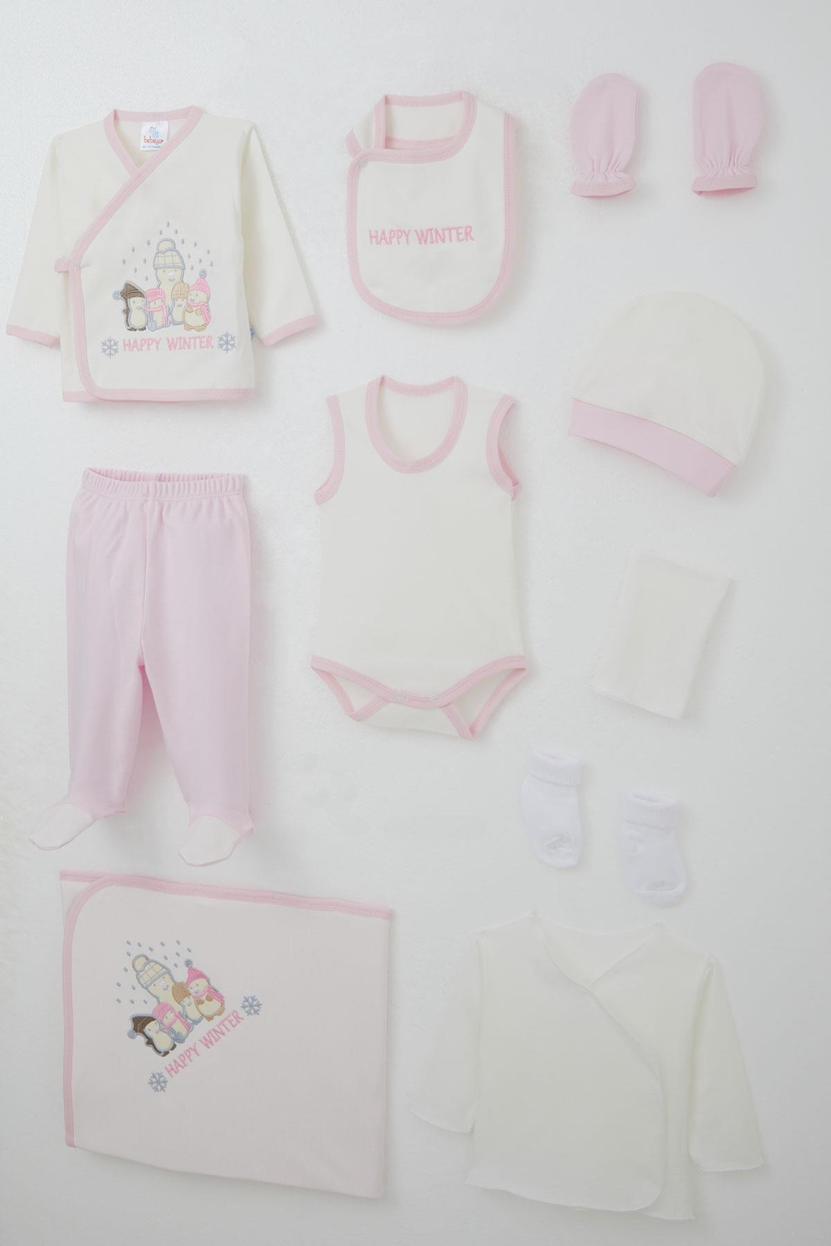 Bebeğiz Kız Bebek Hastane Çıkışı 10 lu Kış Temalı Kardan Adam Ailesi Nakışlı Ekru (0-3 Ay)