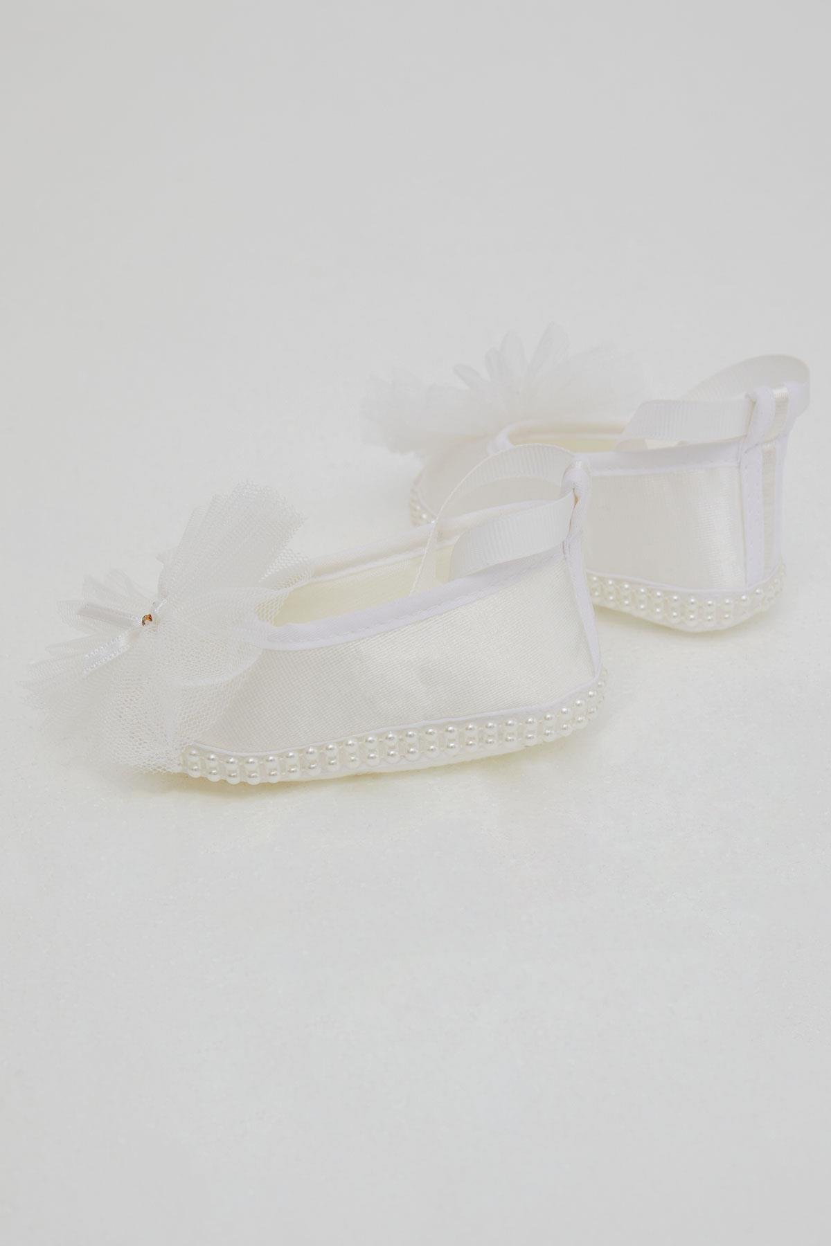 Bebiccino Kız Bebek Bilekten Bağlamalı İncili Patik Tüllü Beyaz (0-6 Ay)