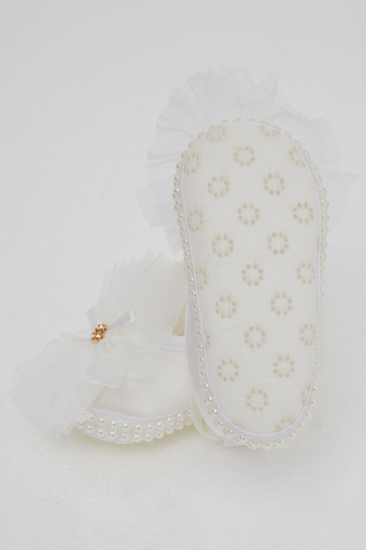 Bebiccino Kız Bebek Bilekten Bağlamalı İncili Patik Tüllü Beyaz (0-6 Ay)